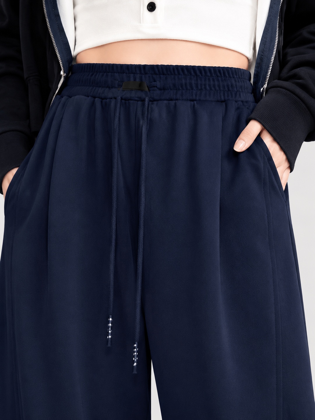 Navy Drawstring Wide-Leg Jogger Pants with Pockets