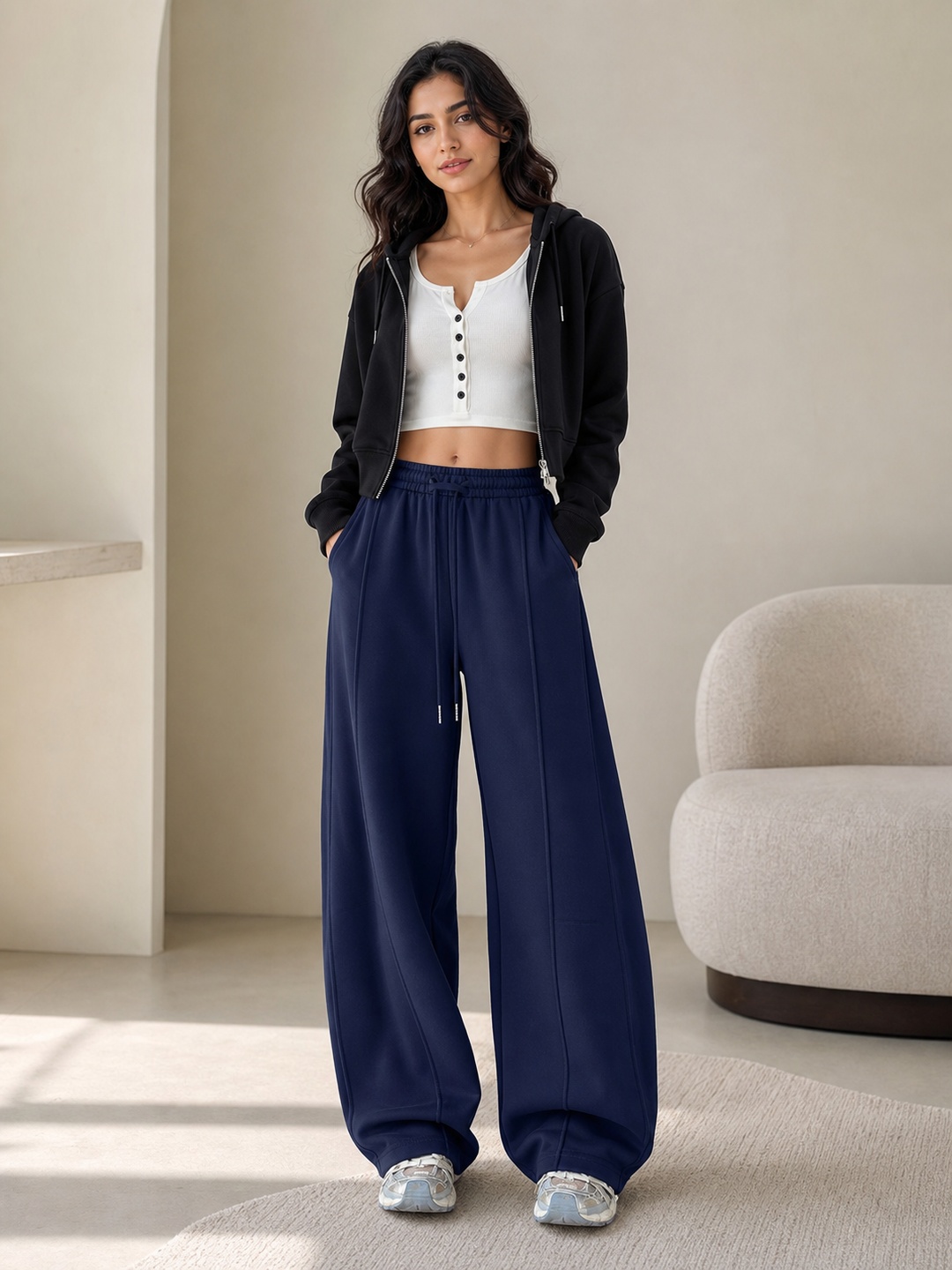 Navy Drawstring Wide-Leg Jogger Pants with Pockets