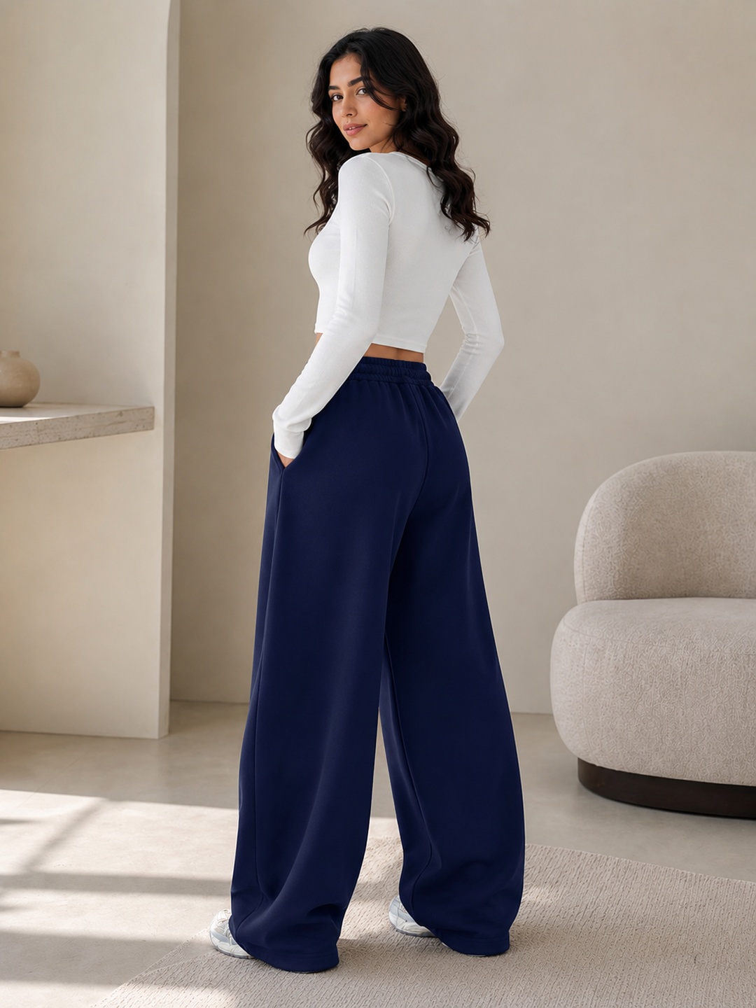 Navy Drawstring Wide-Leg Jogger Pants with Pockets