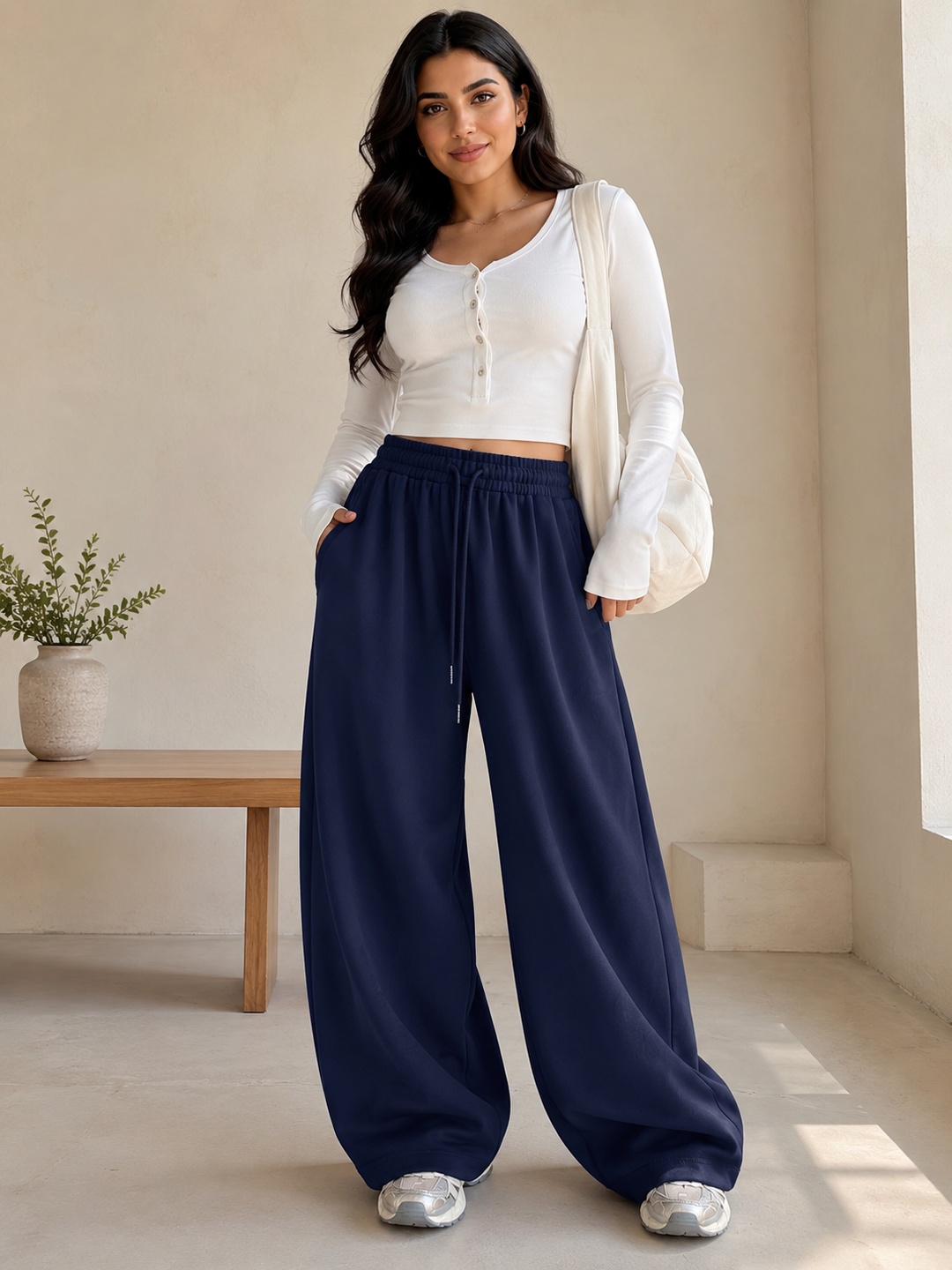 Navy Drawstring Wide-Leg Jogger Pants with Pockets