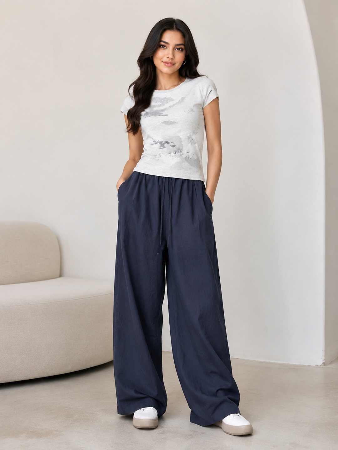 Navy Blue Solid Drawstring Wide-Leg Pants