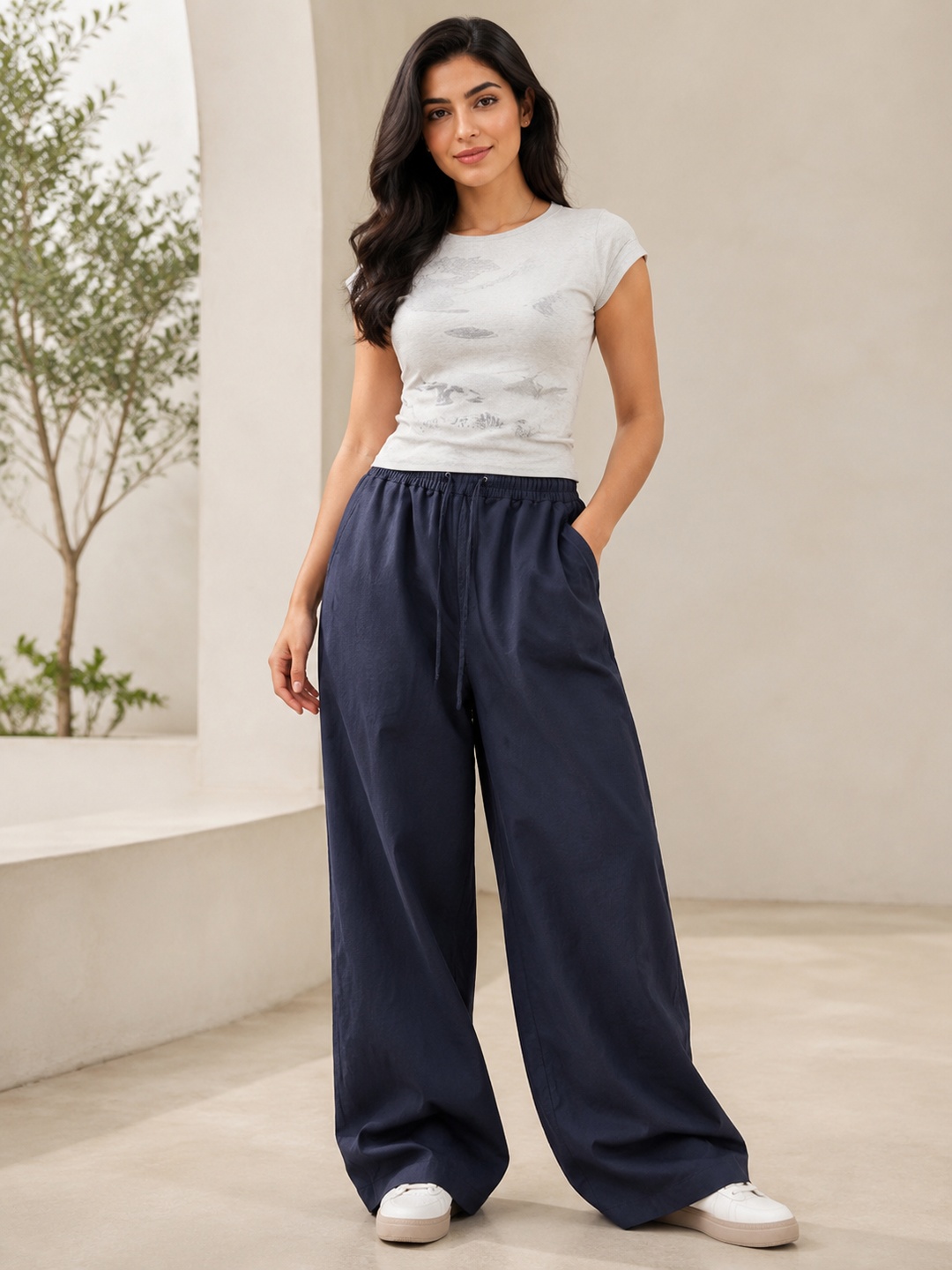 Navy Blue Solid Drawstring Wide-Leg Pants