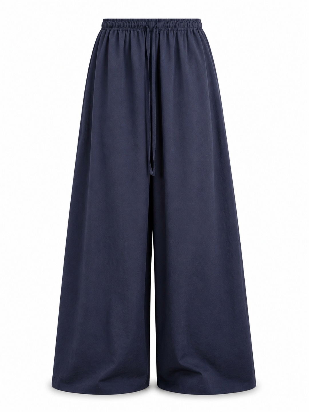 Navy Blue Solid Drawstring Wide-Leg Pants