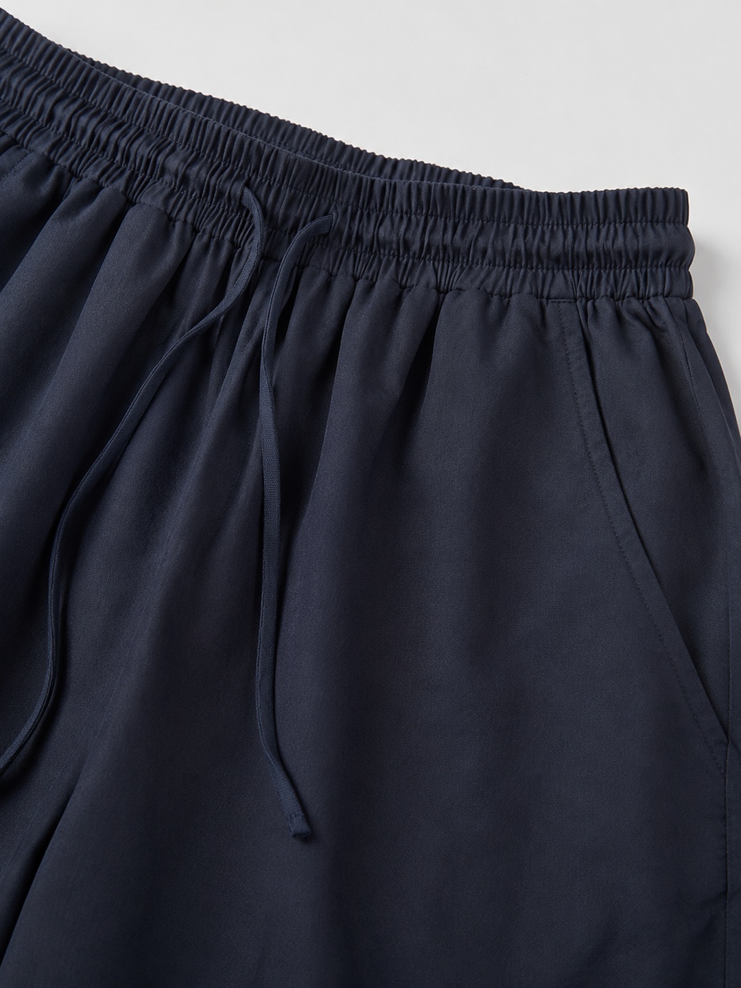 Navy Blue Solid Drawstring Wide-Leg Pants