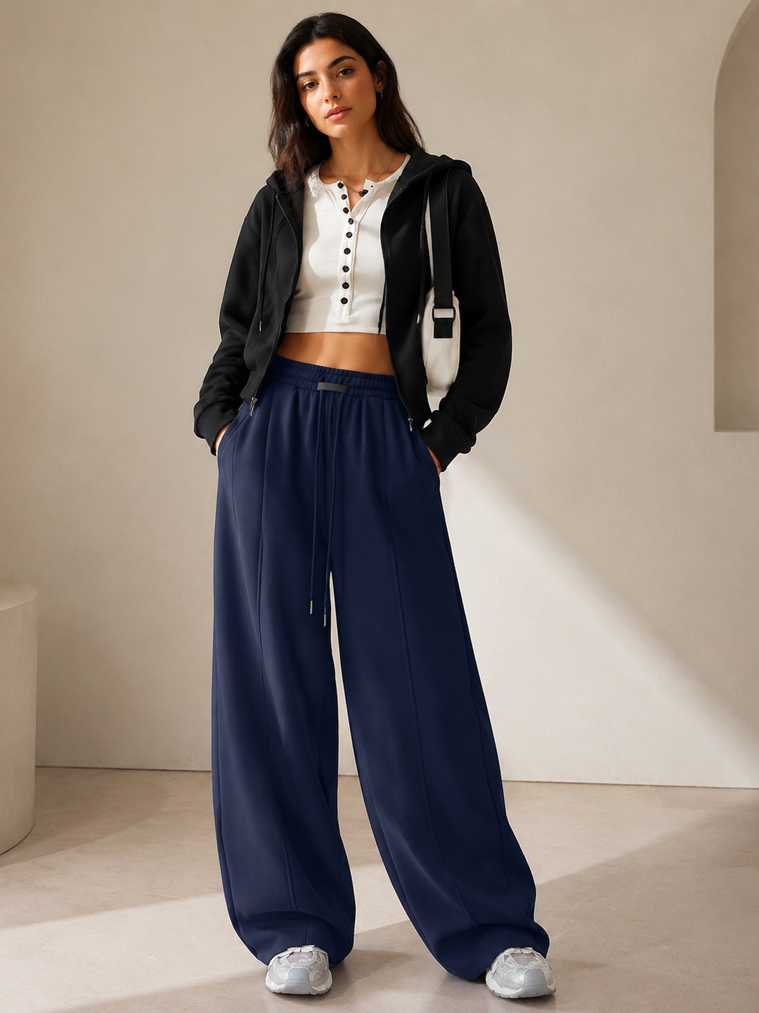 Navy Blue Wide-Leg Drawstring Sweatpants