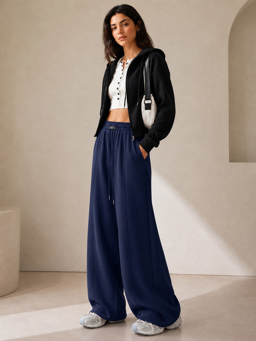 Navy Blue Wide-Leg Drawstring Sweatpants