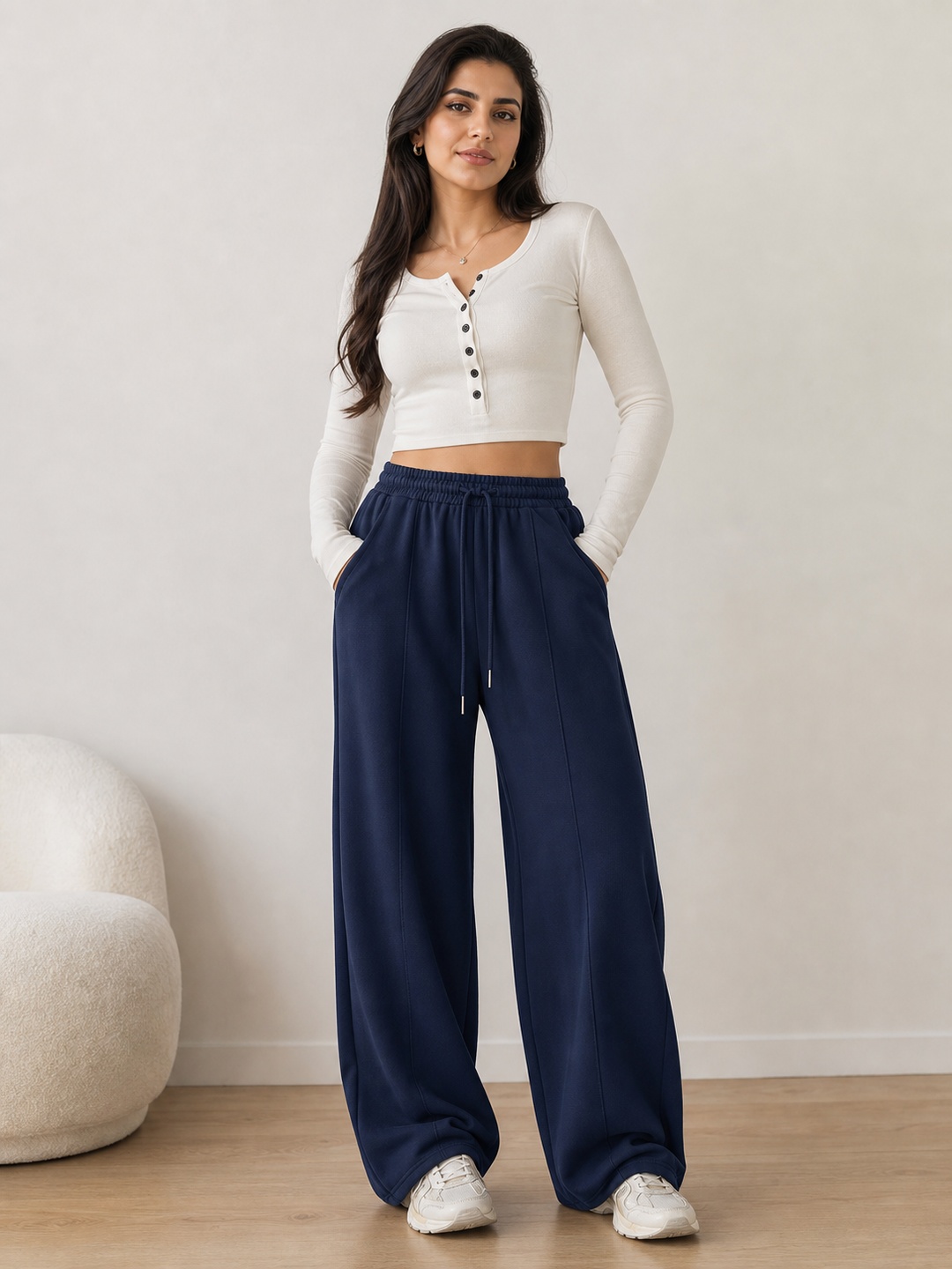 Navy Blue Wide-Leg Drawstring Sweatpants