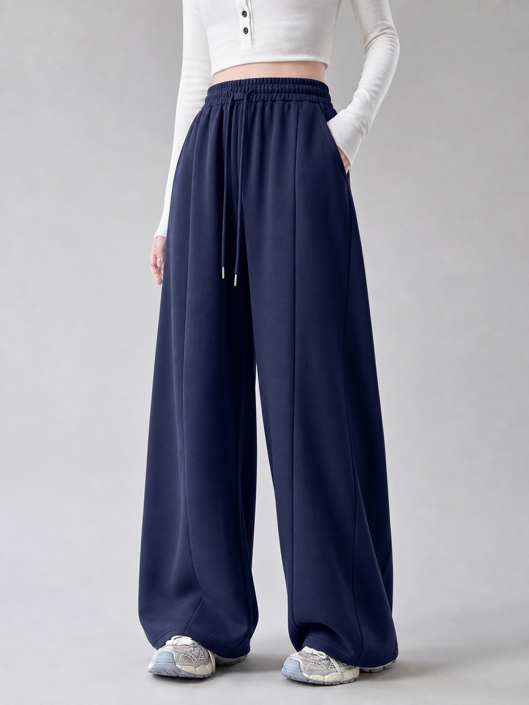 Navy Blue Wide-Leg Drawstring Sweatpants