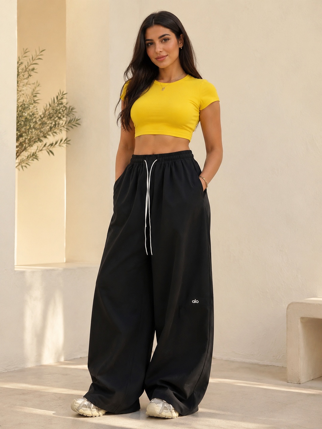 Black Wide-Leg Drawstring Pants