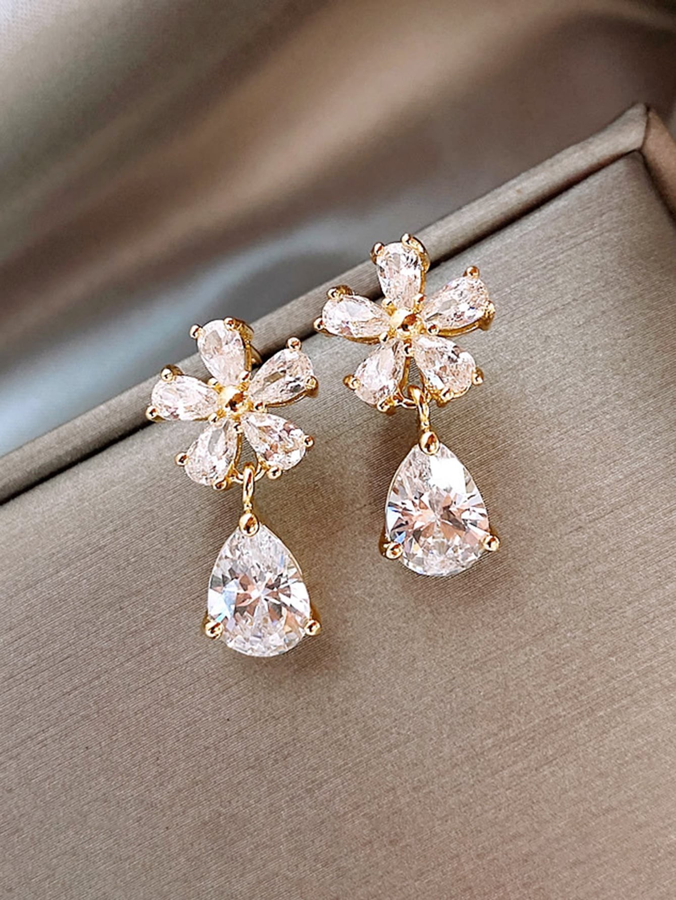 Gold Flower Stud Earrings with Teardrop Crystal Drop - Casual Wear.