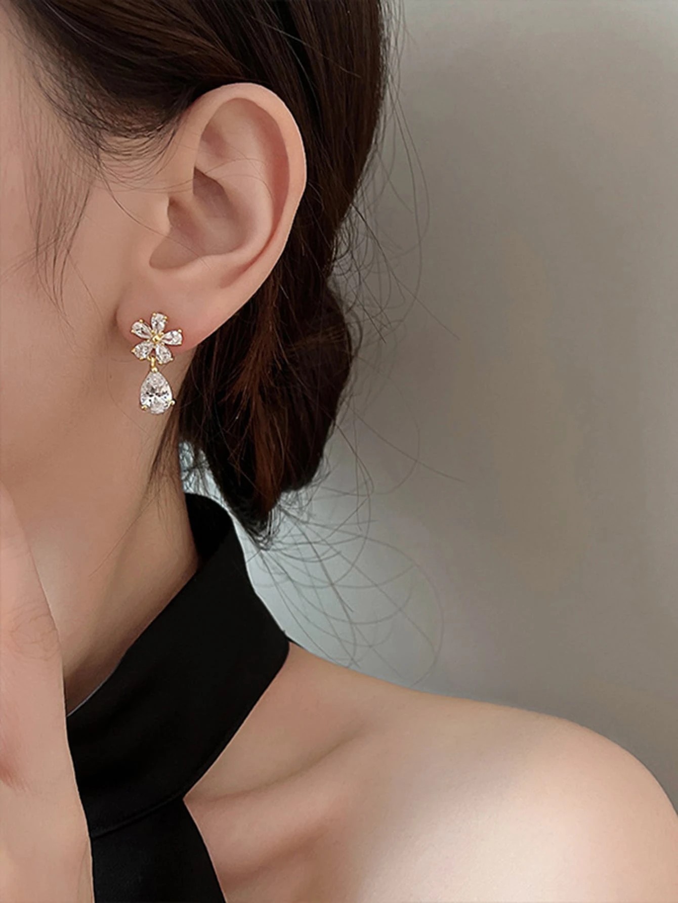 Gold Flower Stud Earrings with Teardrop Crystal Drop - Casual Wear.