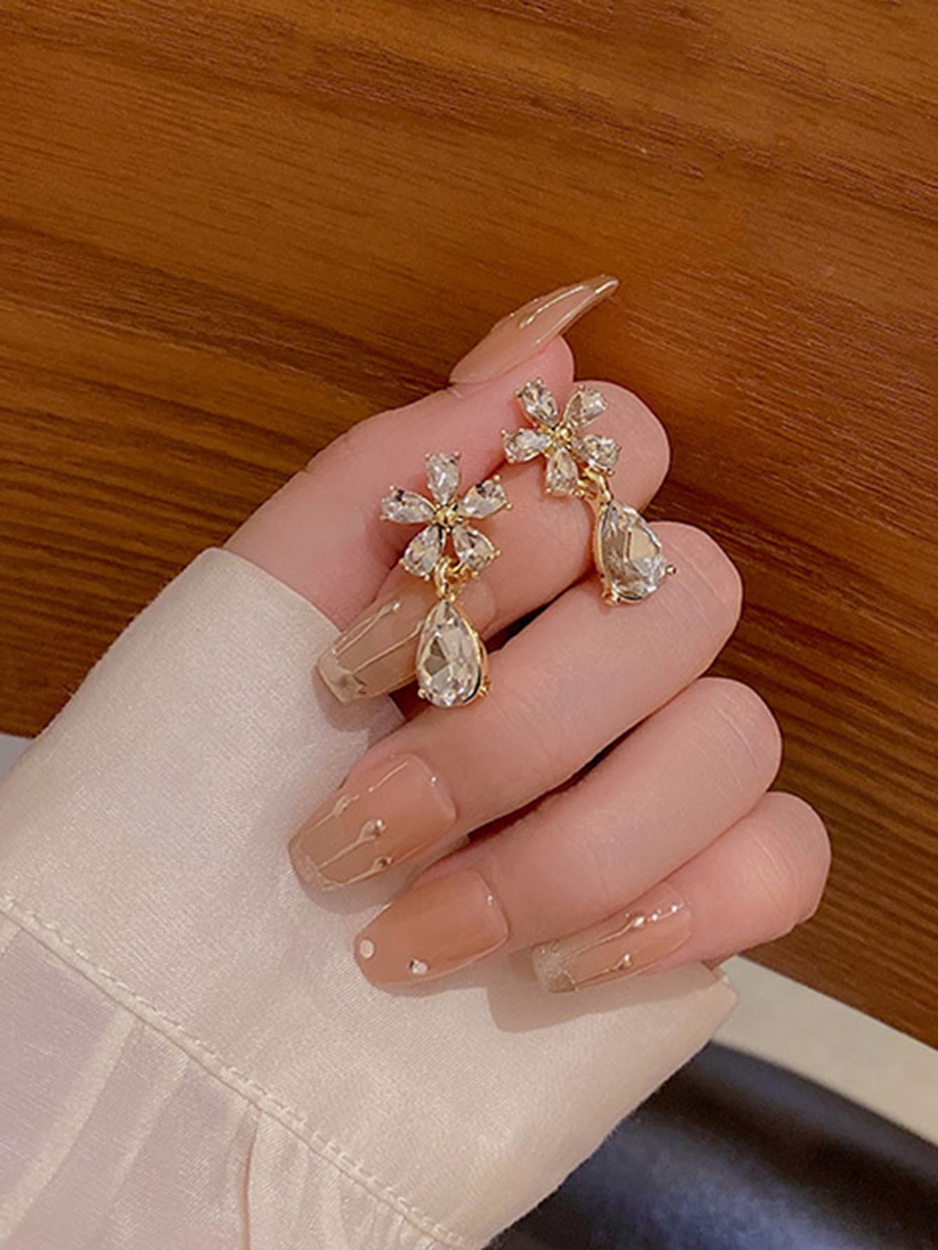 Gold Flower Stud Earrings with Teardrop Crystal Drop - Casual Wear.
