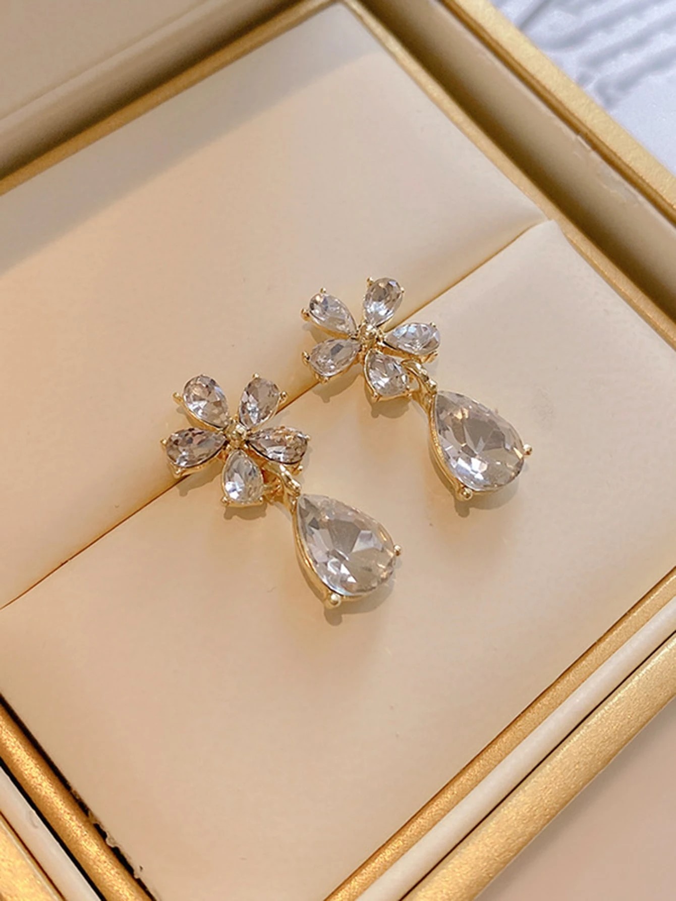 Gold Flower Stud Earrings with Teardrop Crystal Drop - Casual Wear.