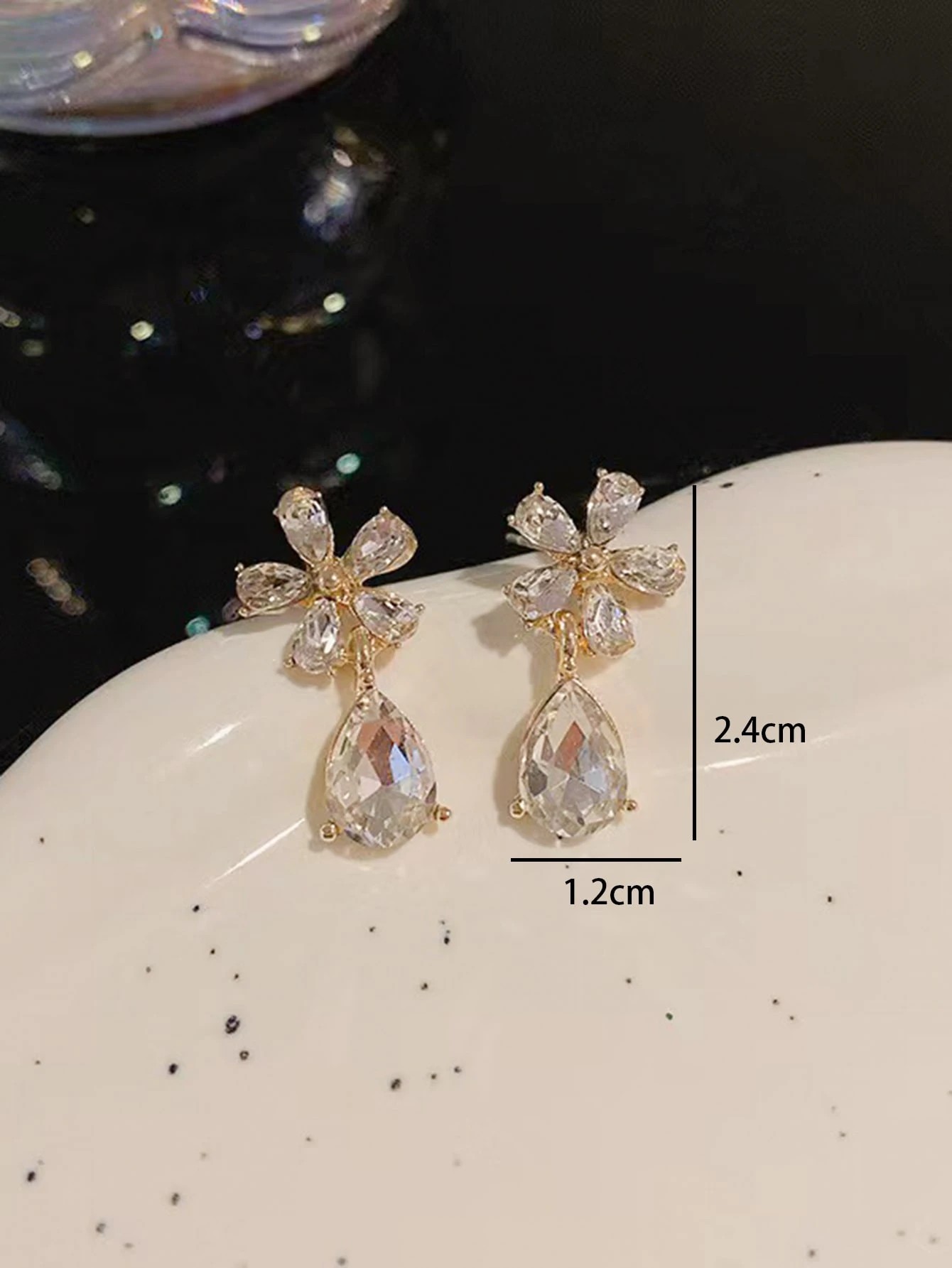 Gold Flower Stud Earrings with Teardrop Crystal Drop - Casual Wear.