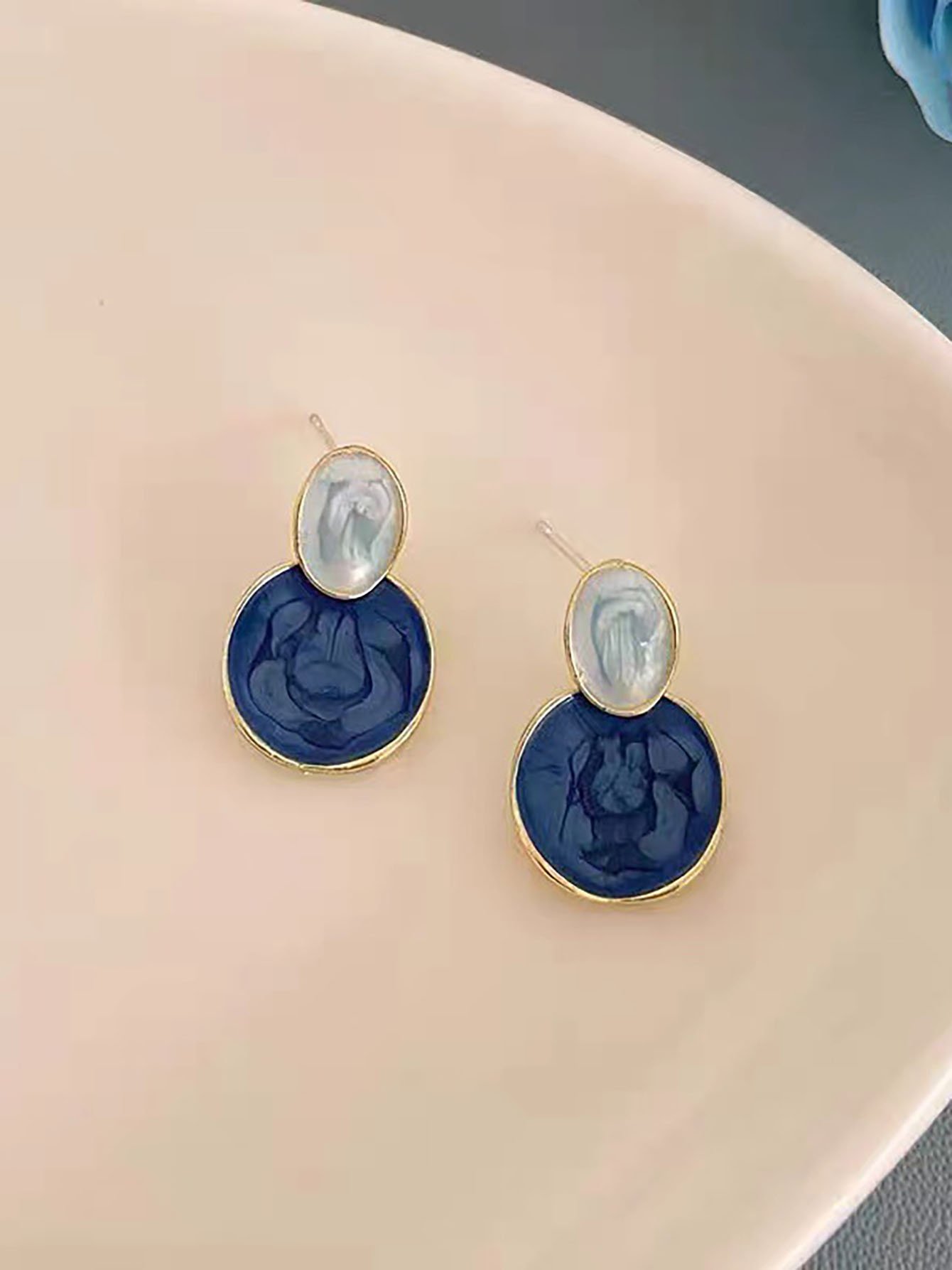 Casual Blue Enamel Drop Earrings for Women - Gold Plated Swirl Design.