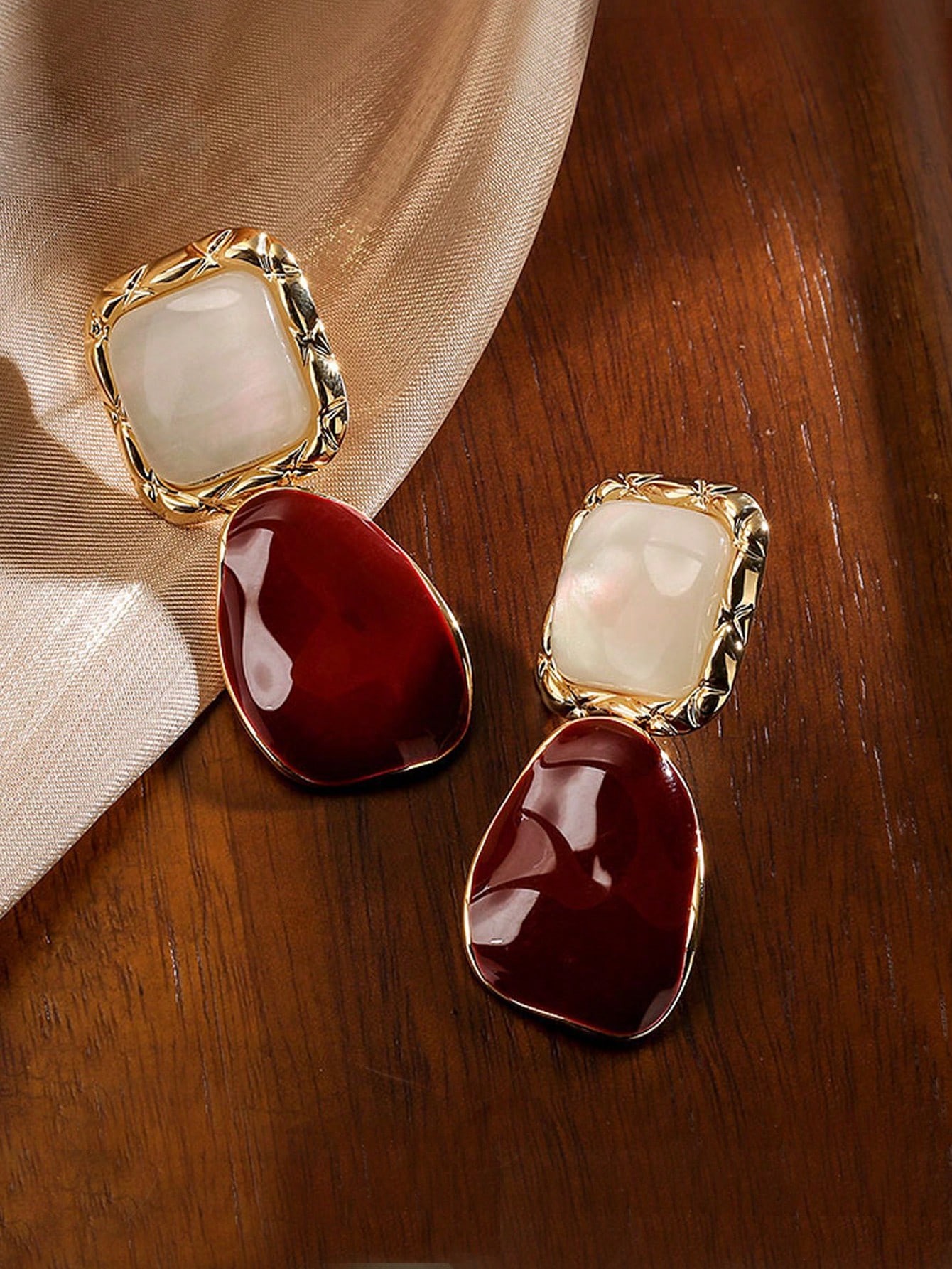 Dual-Tone Drop Earrings with White Jade and Burgundy Enamel for Everyday Style.