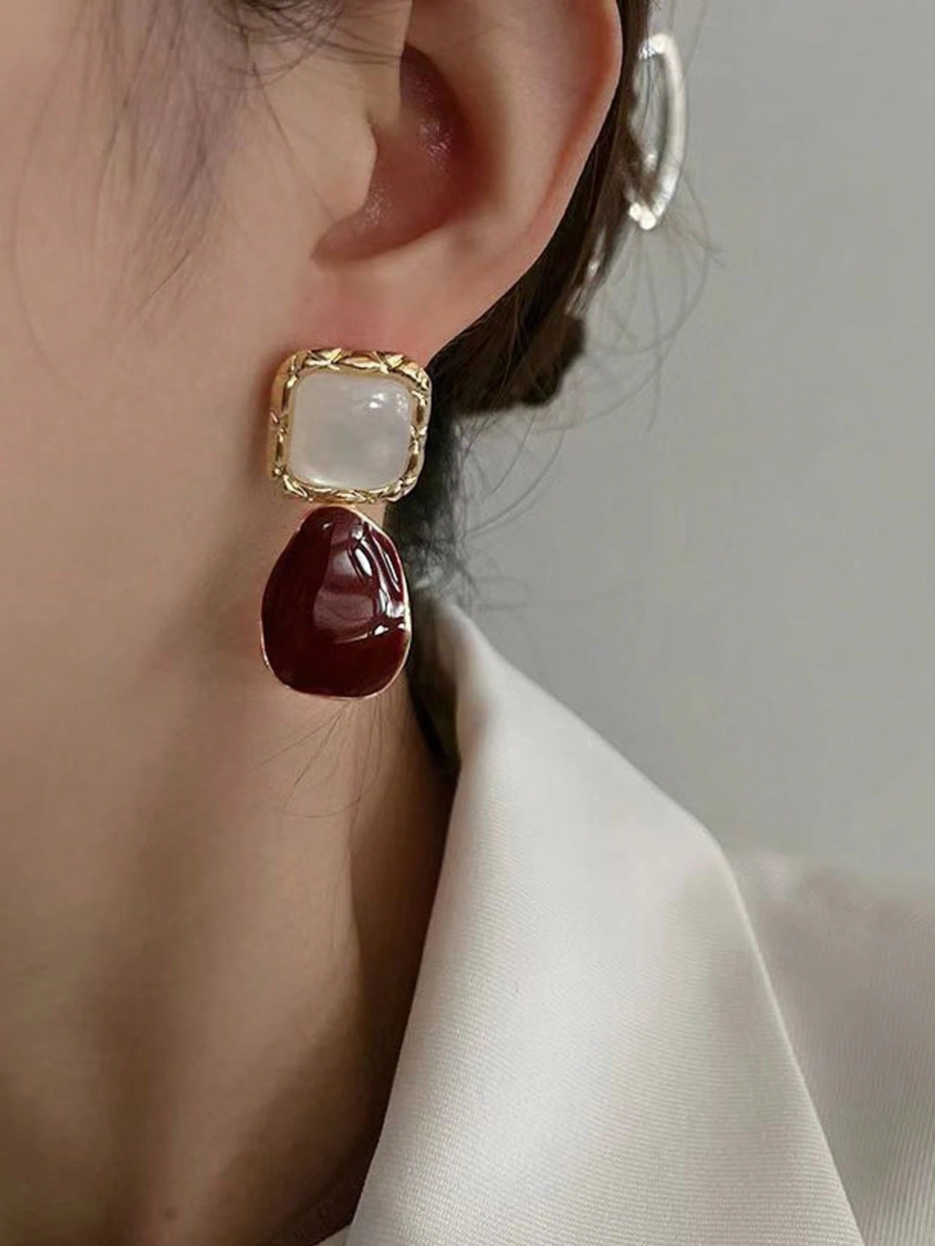 Dual-Tone Drop Earrings with White Jade and Burgundy Enamel for Everyday Style.