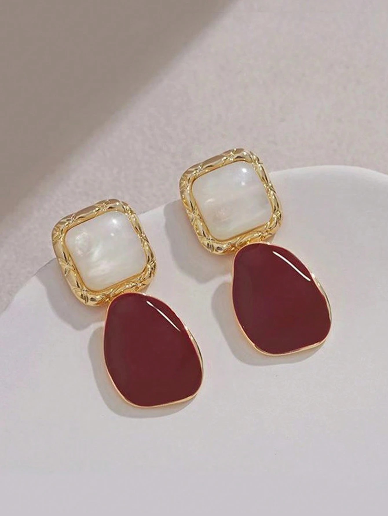 Dual-Tone Drop Earrings with White Jade and Burgundy Enamel for Everyday Style.
