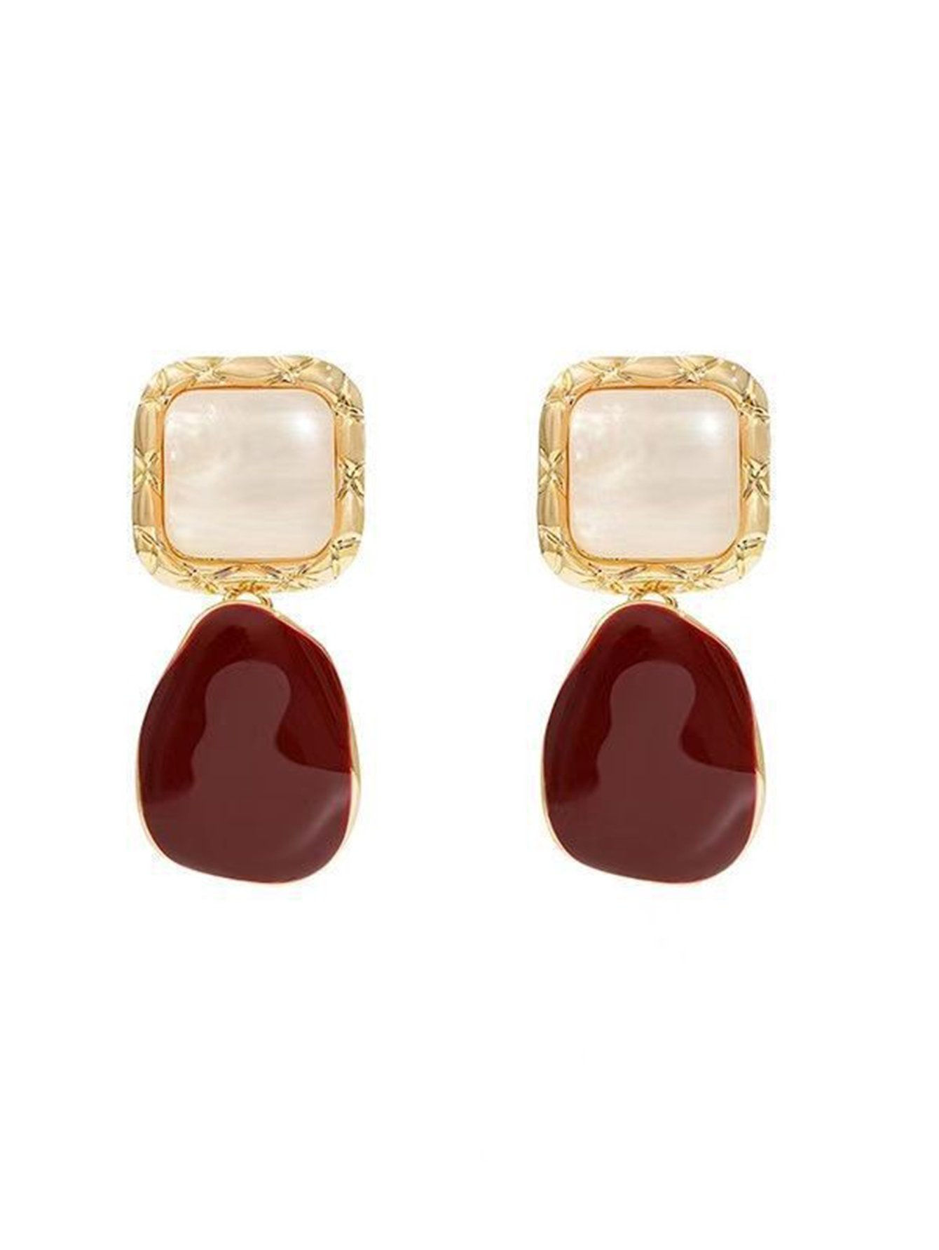 Dual-Tone Drop Earrings with White Jade and Burgundy Enamel for Everyday Style.