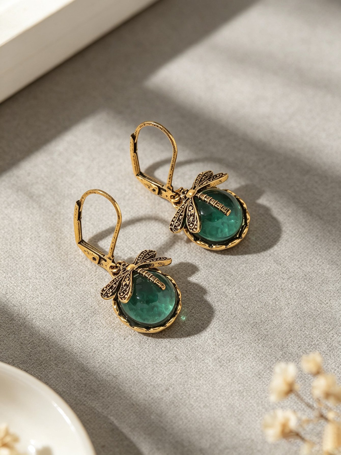 Gold Dragonfly Emerald Green Glass Drop Earrings for Women - Casual Vintage Style.