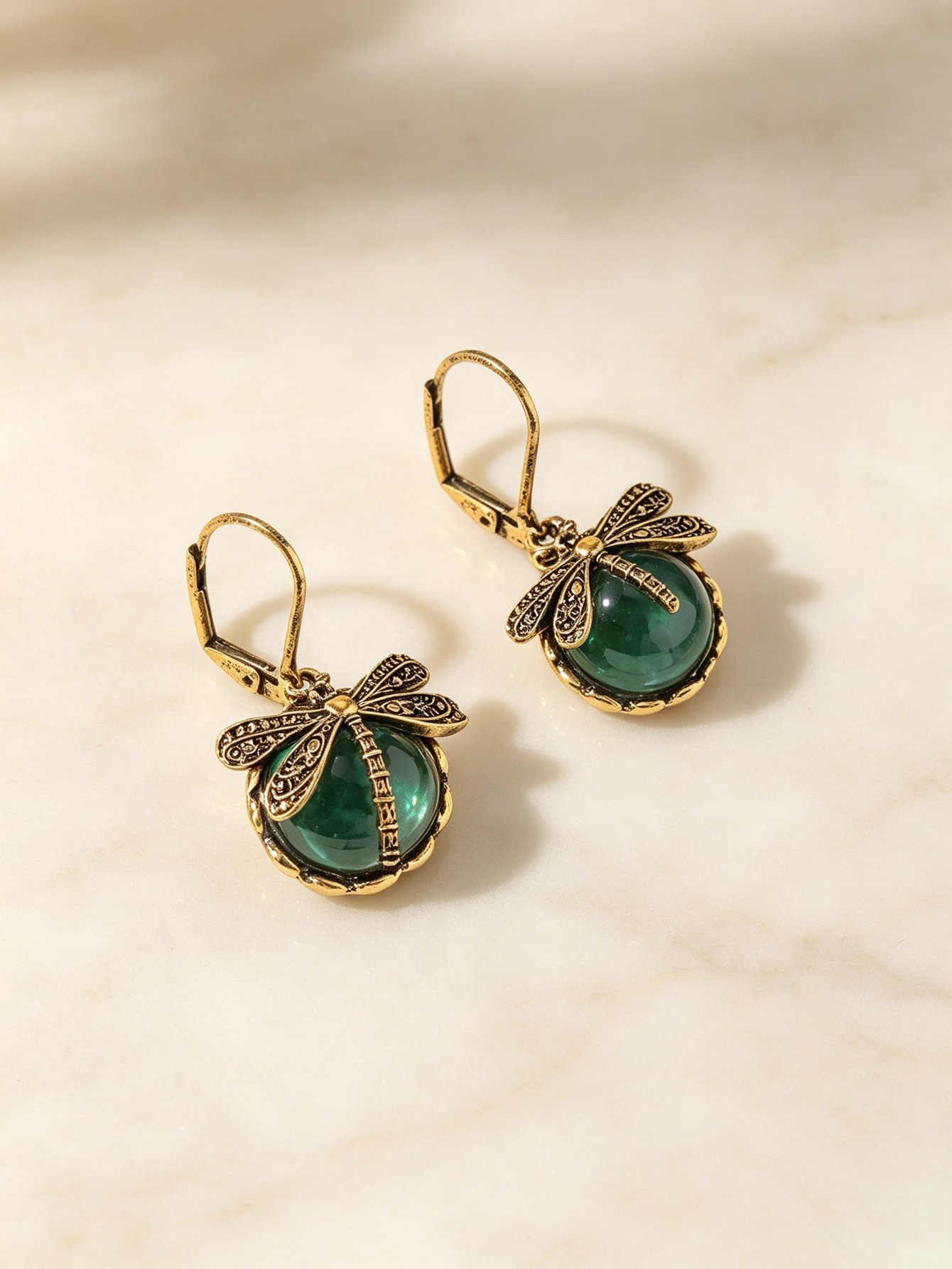 Gold Dragonfly Emerald Green Glass Drop Earrings for Women - Casual Vintage Style.
