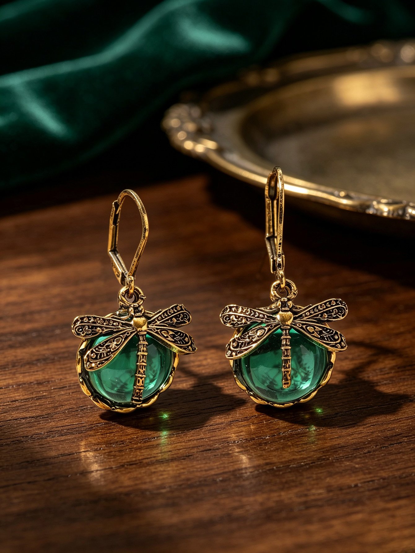 Gold Dragonfly Emerald Green Glass Drop Earrings for Women - Casual Vintage Style.