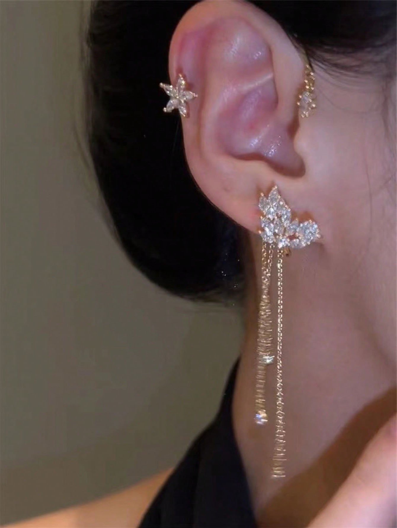 Gold Crystal Ear Cuff - No Piercing Butterfly Star Design for Women.