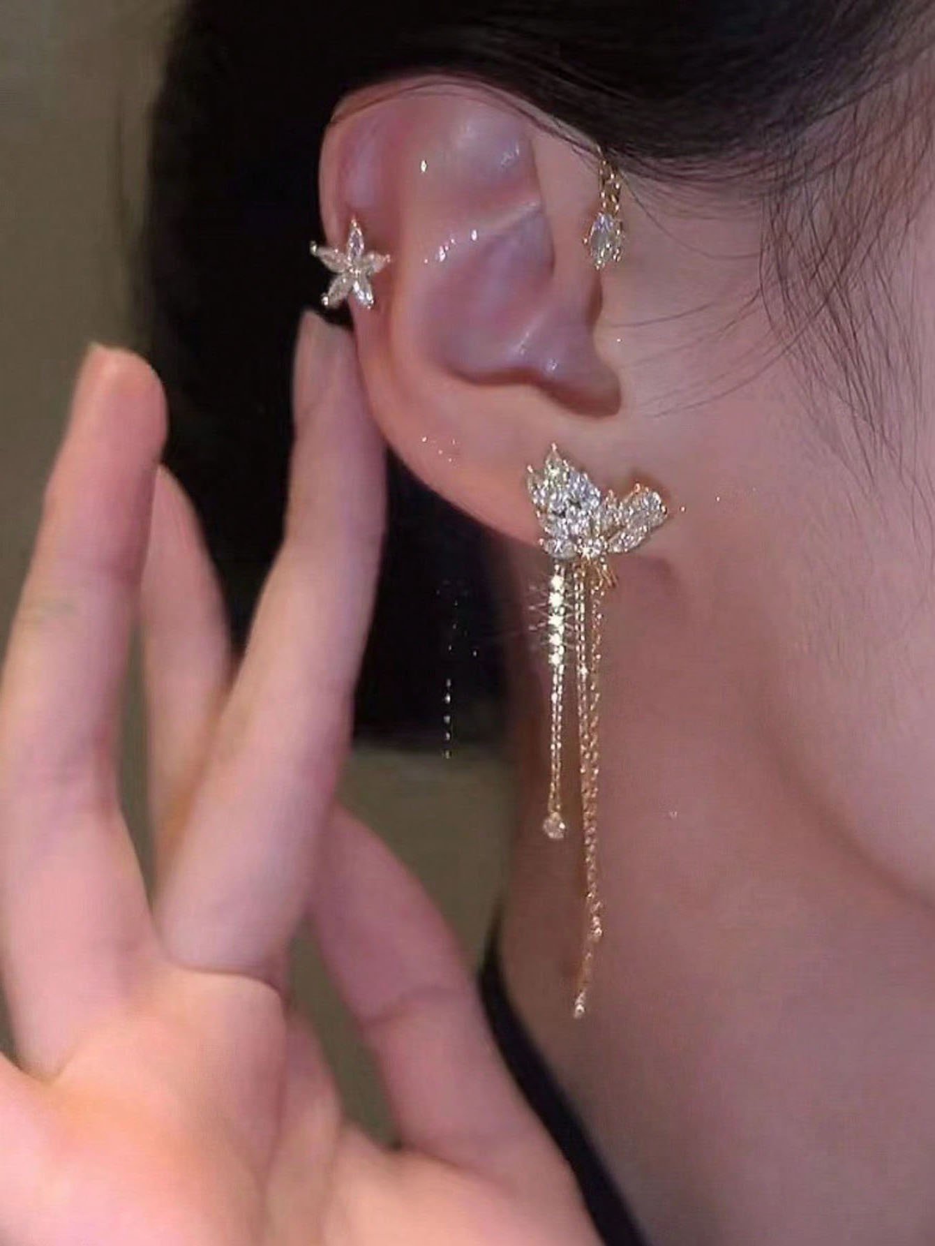 Gold Crystal Ear Cuff - No Piercing Butterfly Star Design for Women.