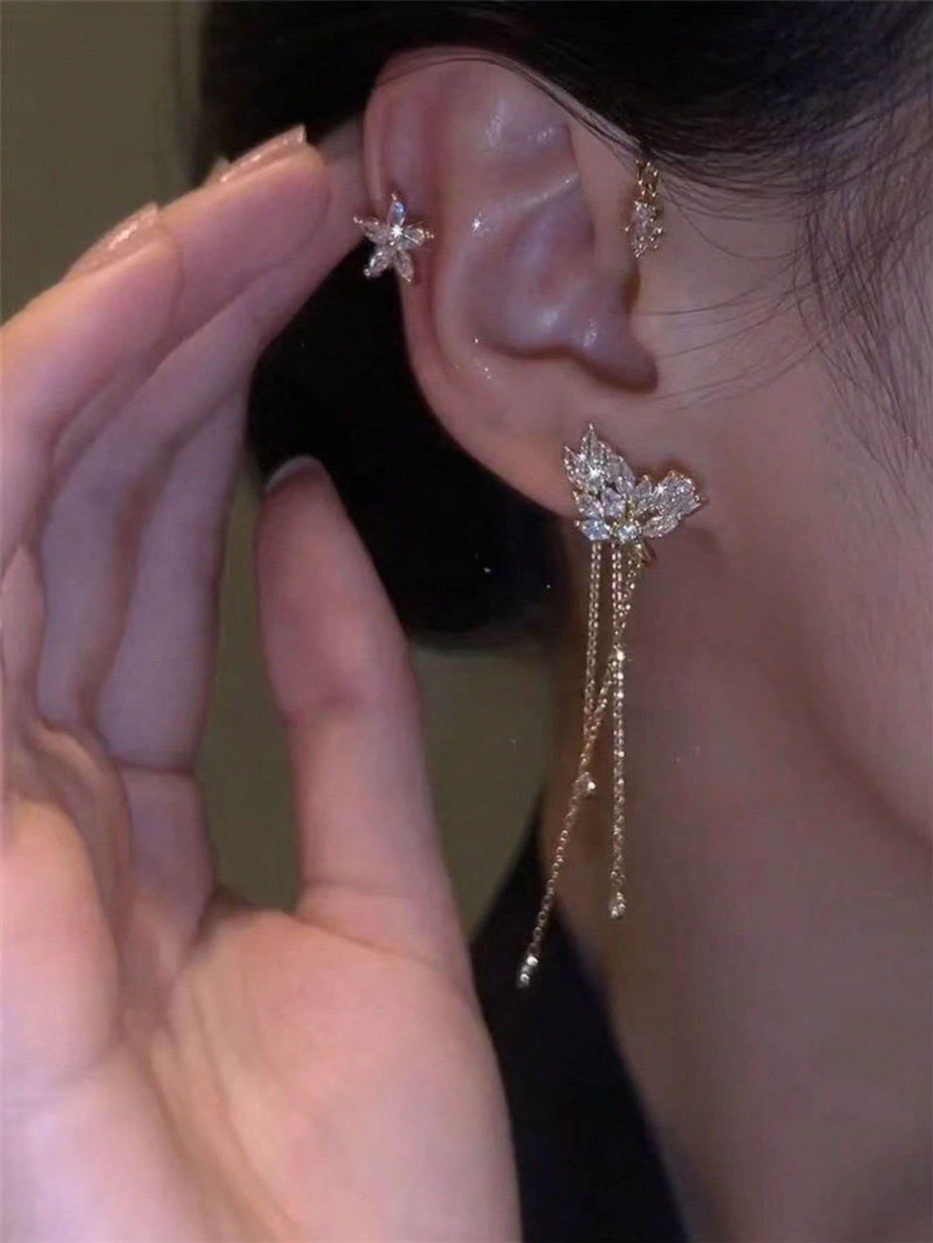 Gold Crystal Ear Cuff - No Piercing Butterfly Star Design for Women.