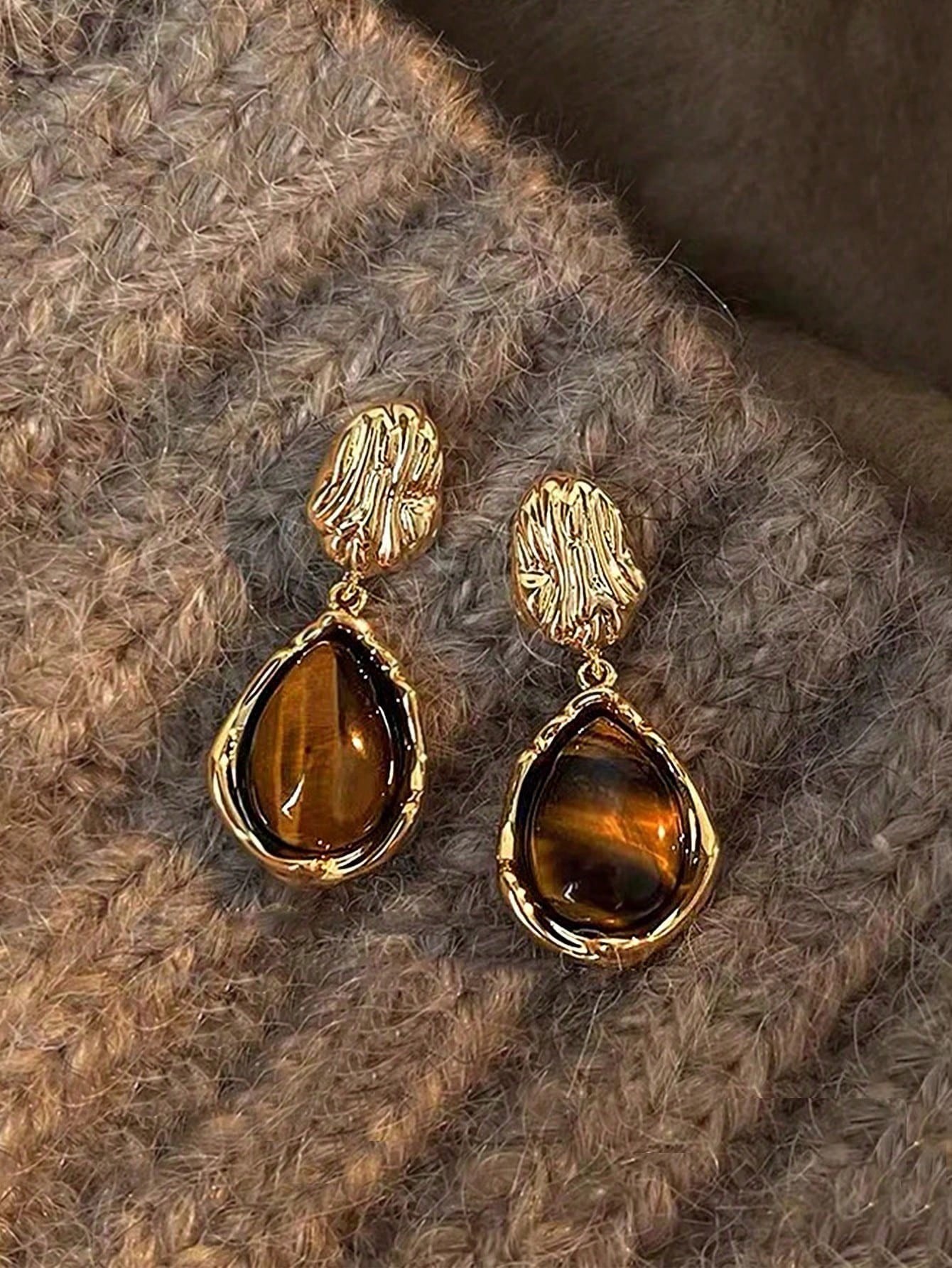 Gold Hammered Teardrop Dangle Earrings with Tiger Eye Stone for Women - Casual Jewelry.