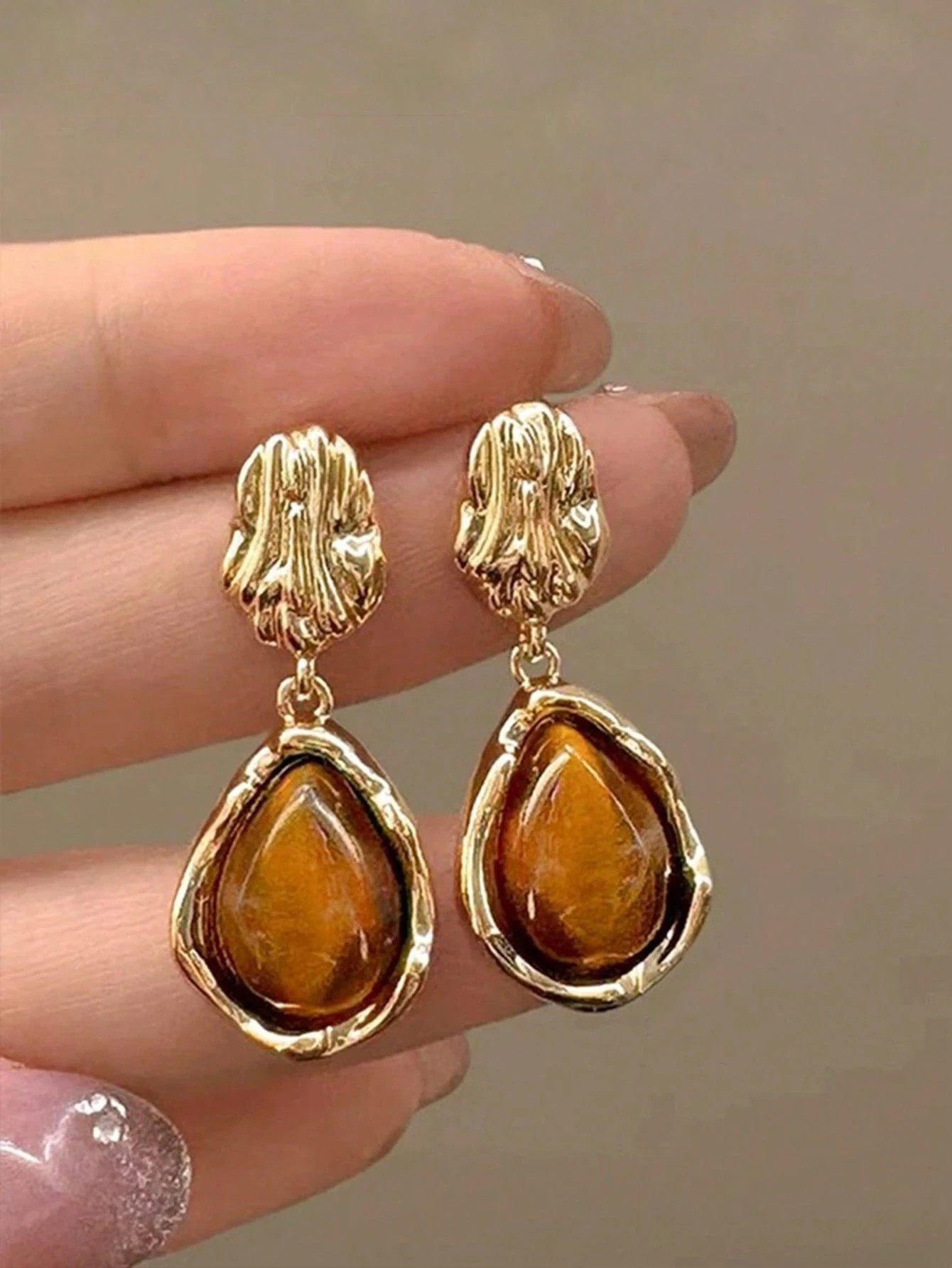 Gold Hammered Teardrop Dangle Earrings with Tiger Eye Stone for Women - Casual Jewelry.