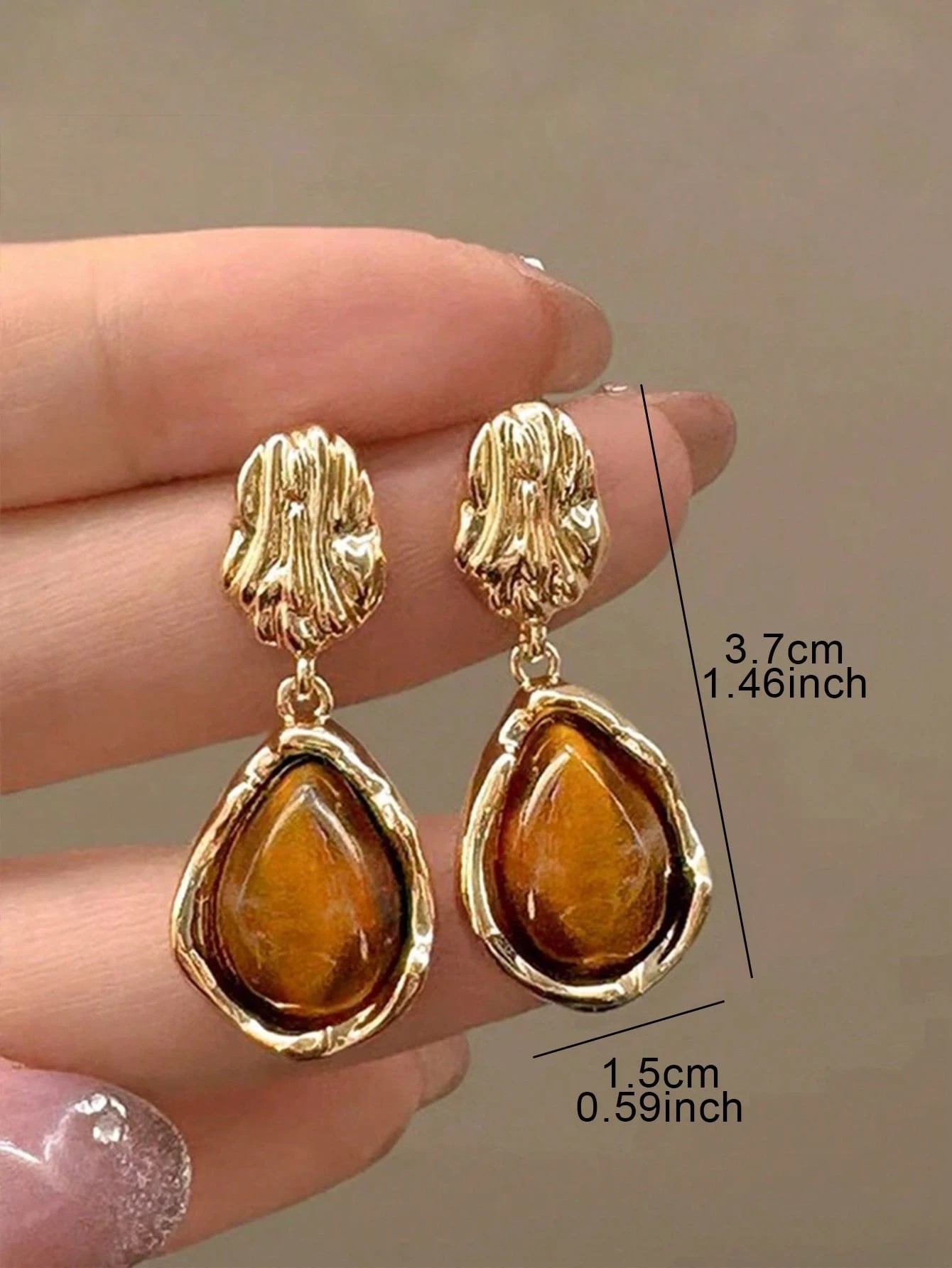 Gold Hammered Teardrop Dangle Earrings with Tiger Eye Stone for Women - Casual Jewelry.