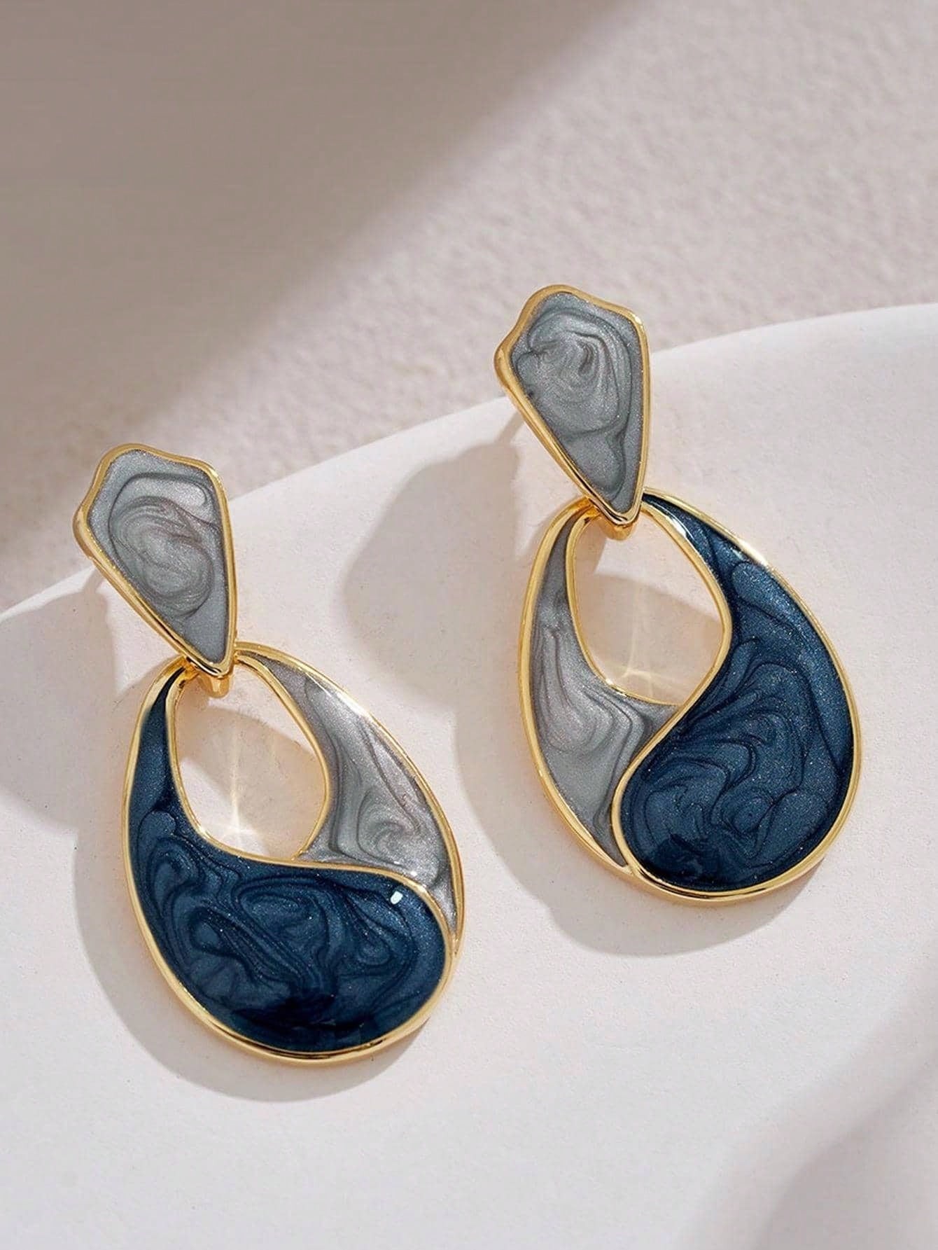 Gold-Plated Blue and Grey Enamel Swirl Drop Earrings for Women - Casual Dangle Style.