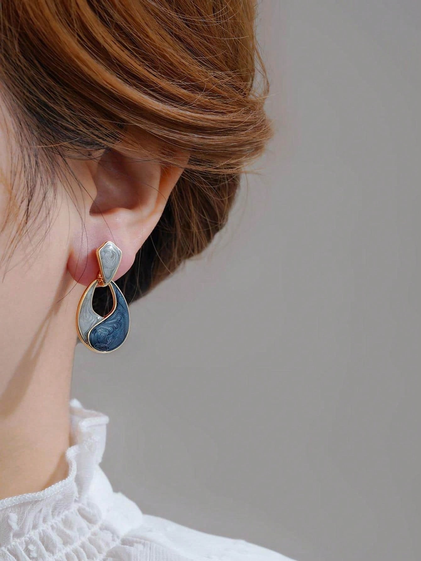 Gold-Plated Blue and Grey Enamel Swirl Drop Earrings for Women - Casual Dangle Style.
