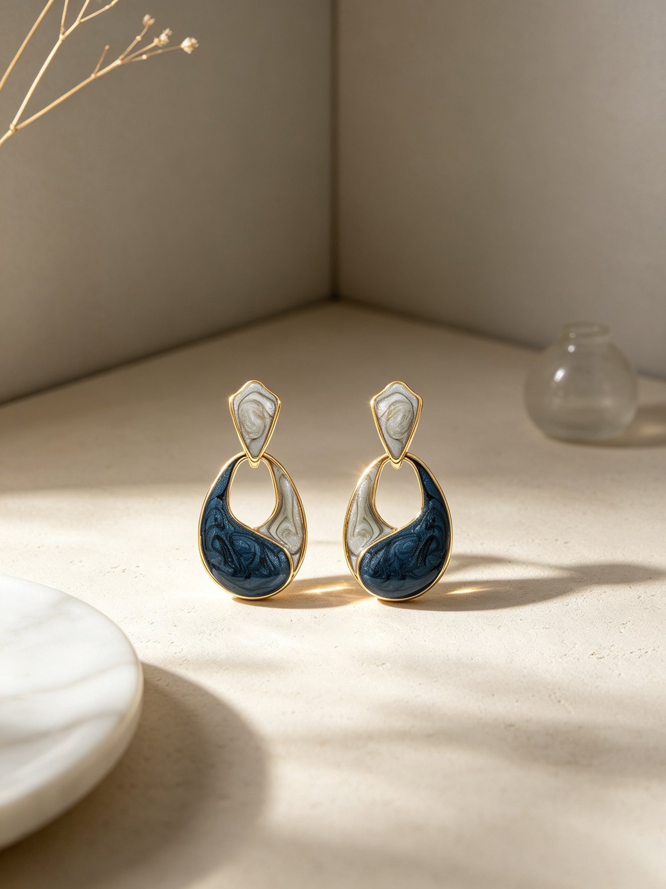 Gold-Plated Blue and Grey Enamel Swirl Drop Earrings for Women - Casual Dangle Style.