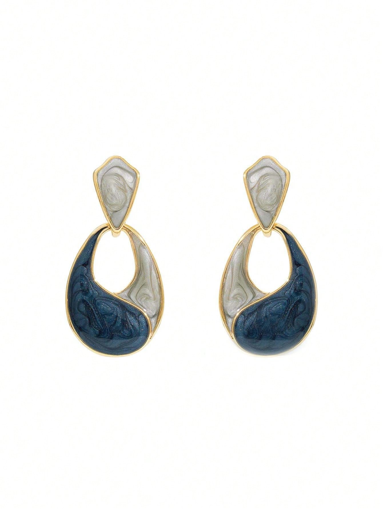 Gold-Plated Blue and Grey Enamel Swirl Drop Earrings for Women - Casual Dangle Style.