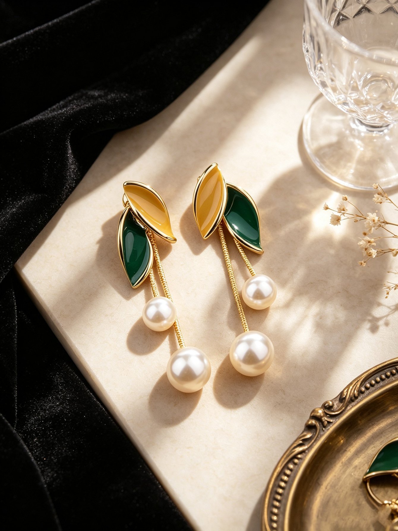 Gold Plated Leaf and Pearl Dangle Earrings - Everyday Style.