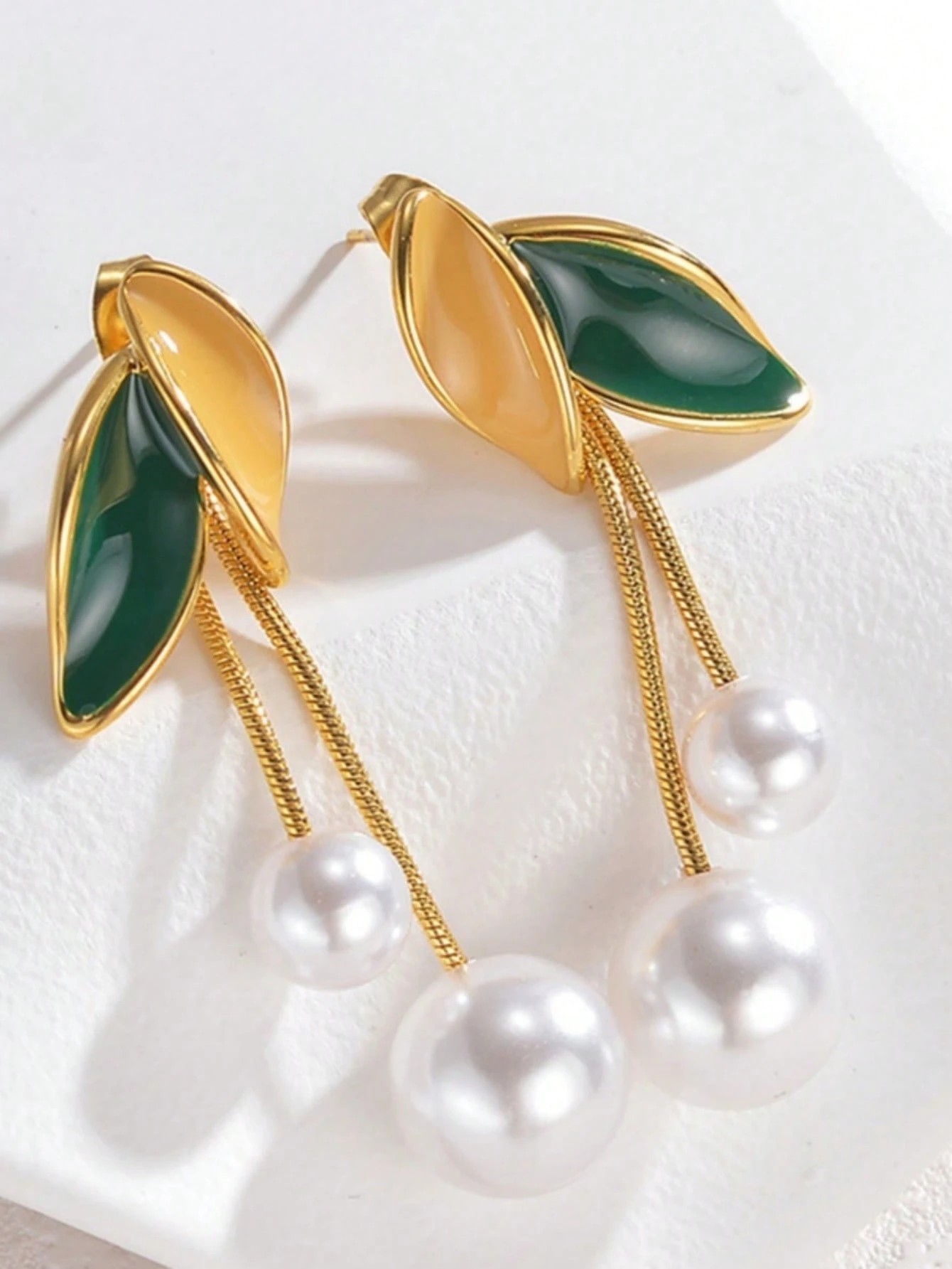 Gold Plated Leaf and Pearl Dangle Earrings - Everyday Style.
