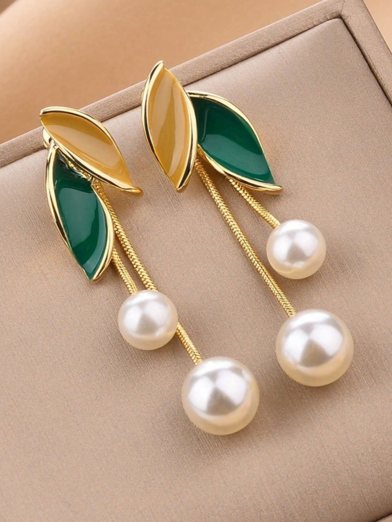 Gold Plated Leaf and Pearl Dangle Earrings - Everyday Style.