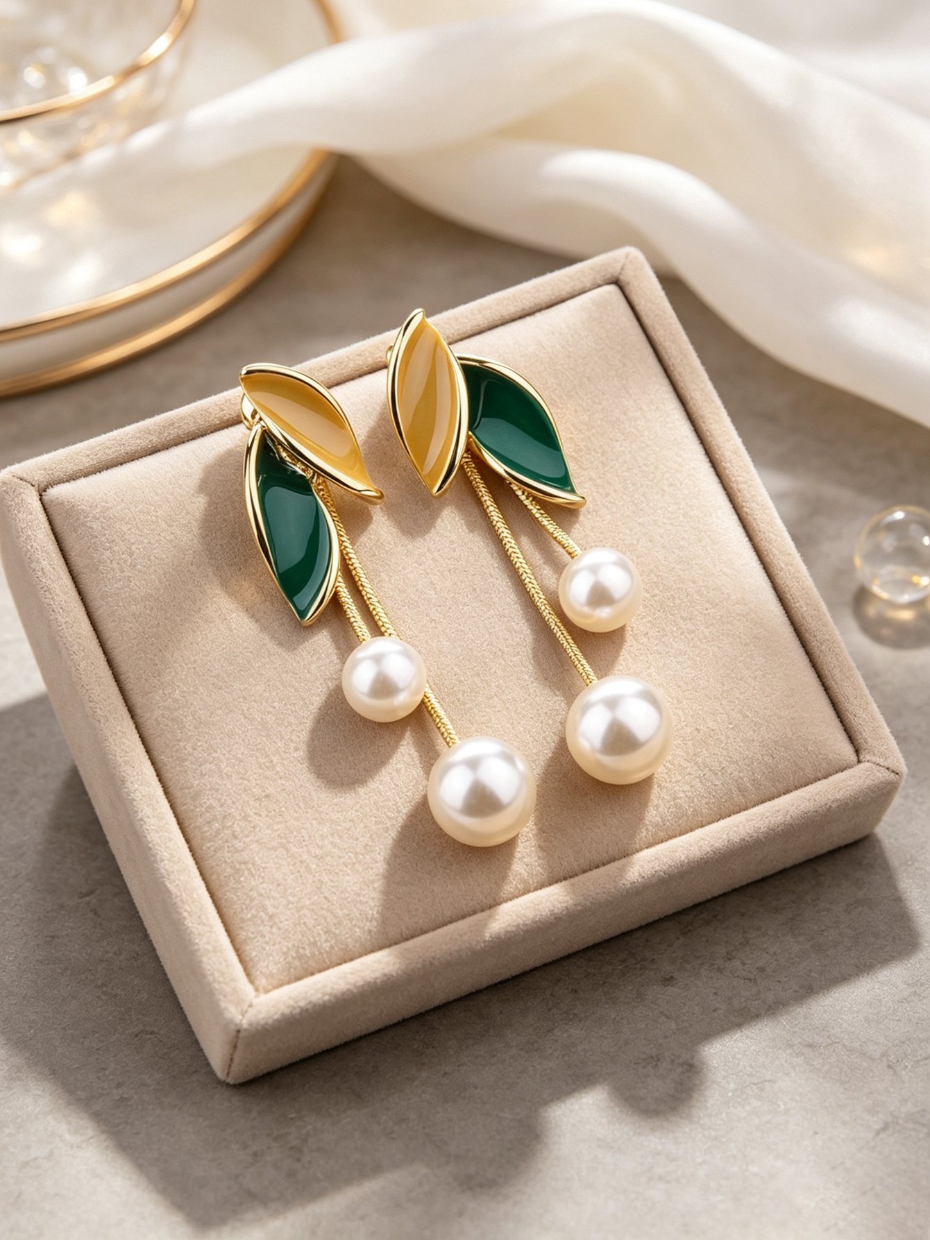 Gold Plated Leaf and Pearl Dangle Earrings - Everyday Style.