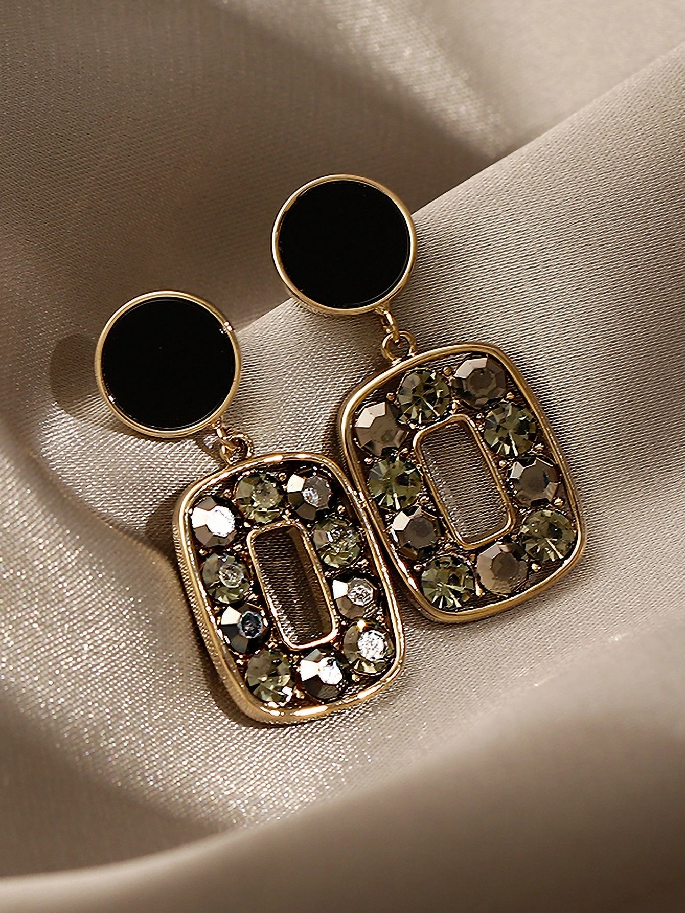 Gold and Black Enamel Dangle Earrings with Green Crystal Accents - Daily Wear.