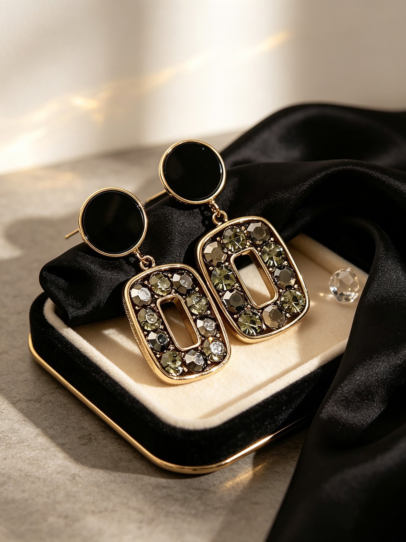 Gold and Black Enamel Dangle Earrings with Green Crystal Accents - Daily Wear.