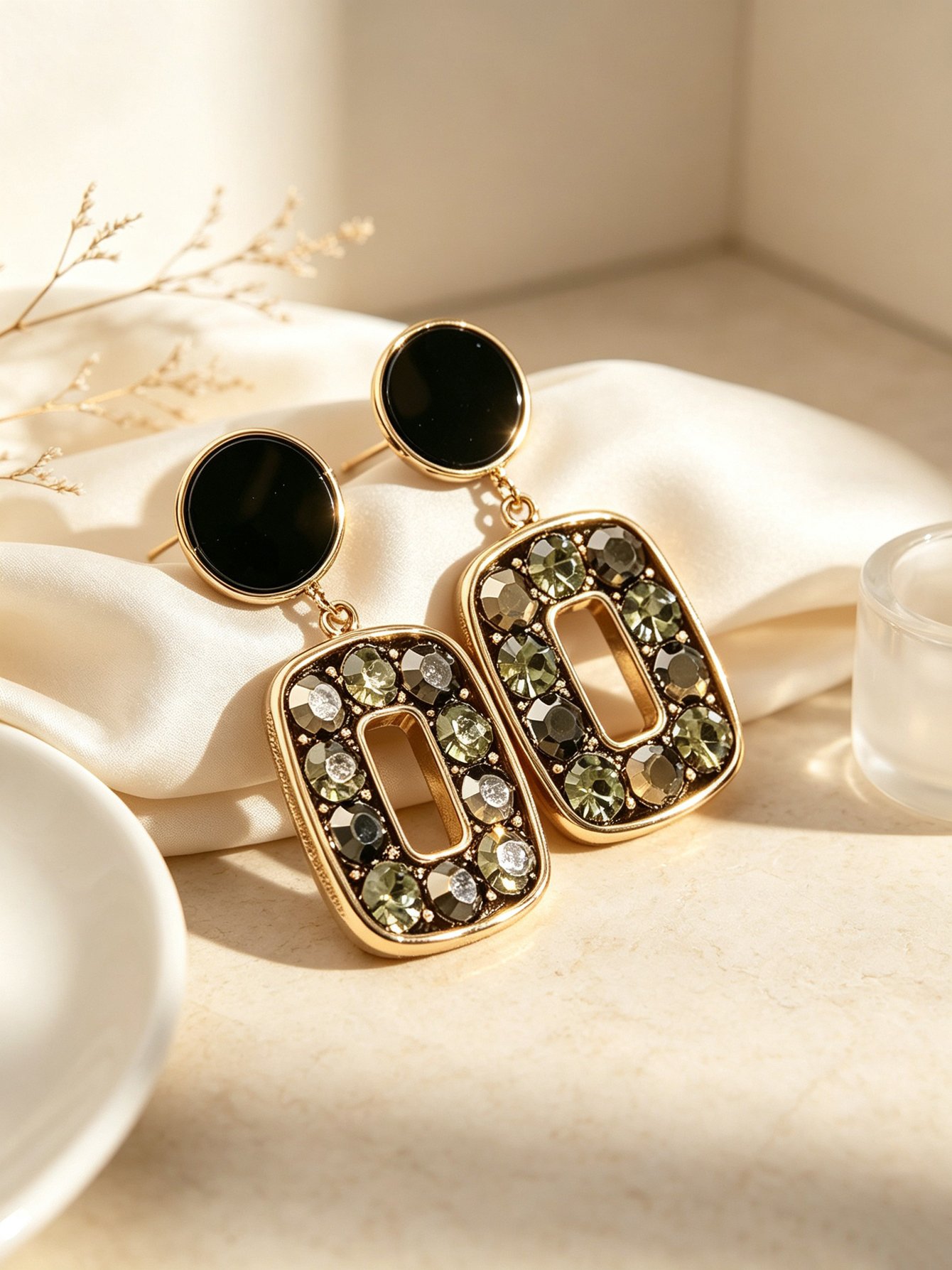 Gold and Black Enamel Dangle Earrings with Green Crystal Accents - Daily Wear.