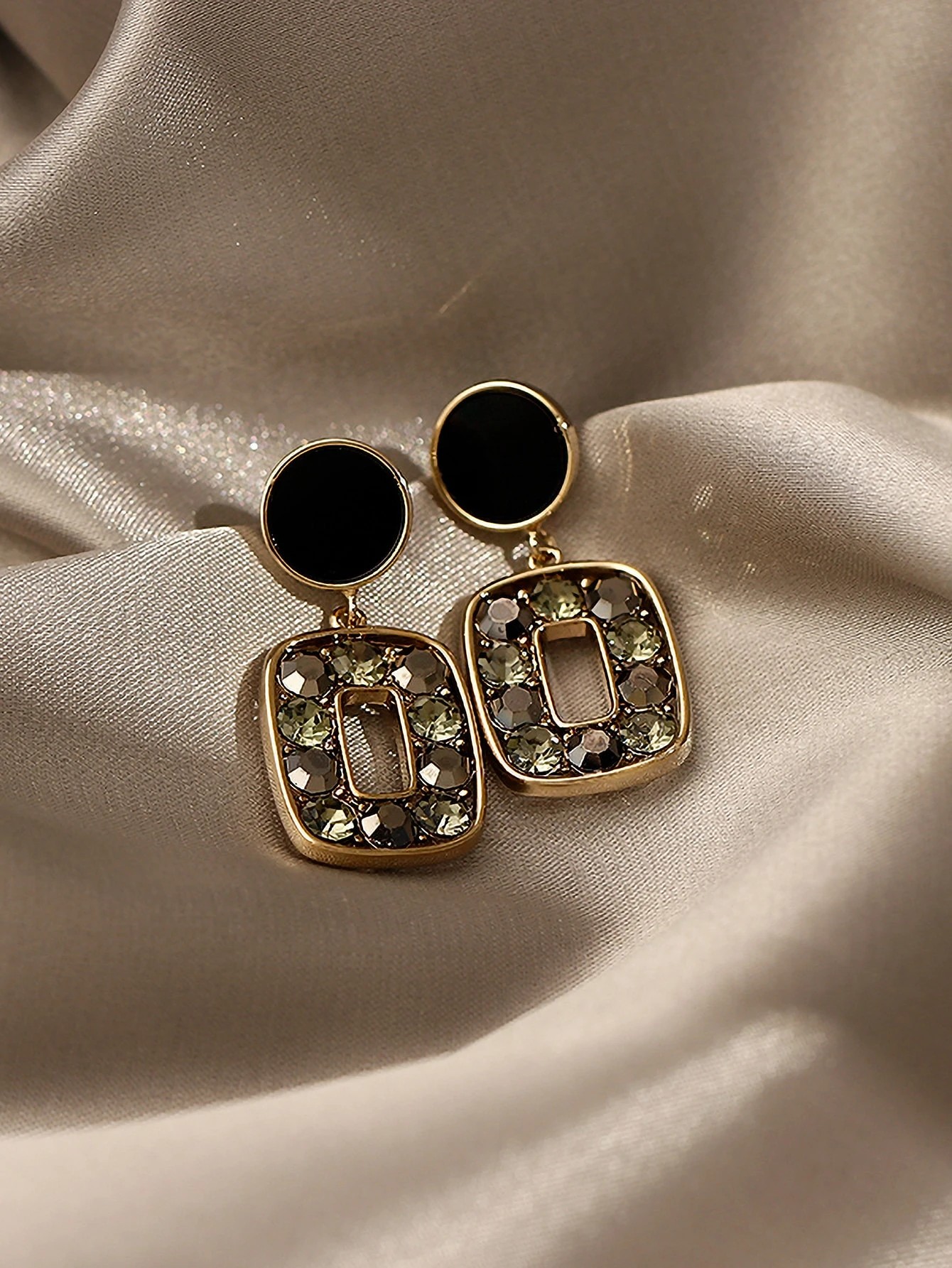 Gold and Black Enamel Dangle Earrings with Green Crystal Accents - Daily Wear.