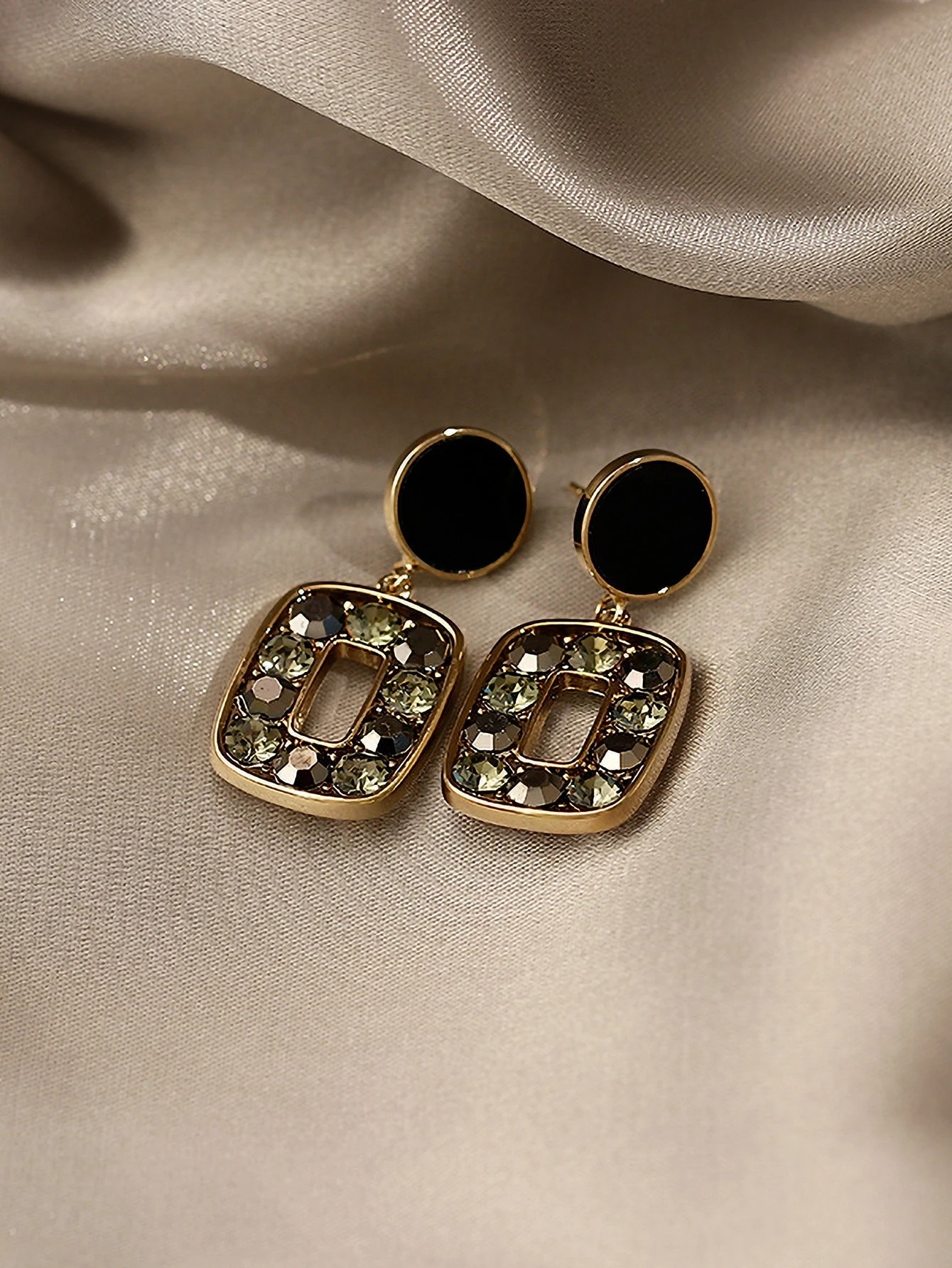 Gold and Black Enamel Dangle Earrings with Green Crystal Accents - Daily Wear.