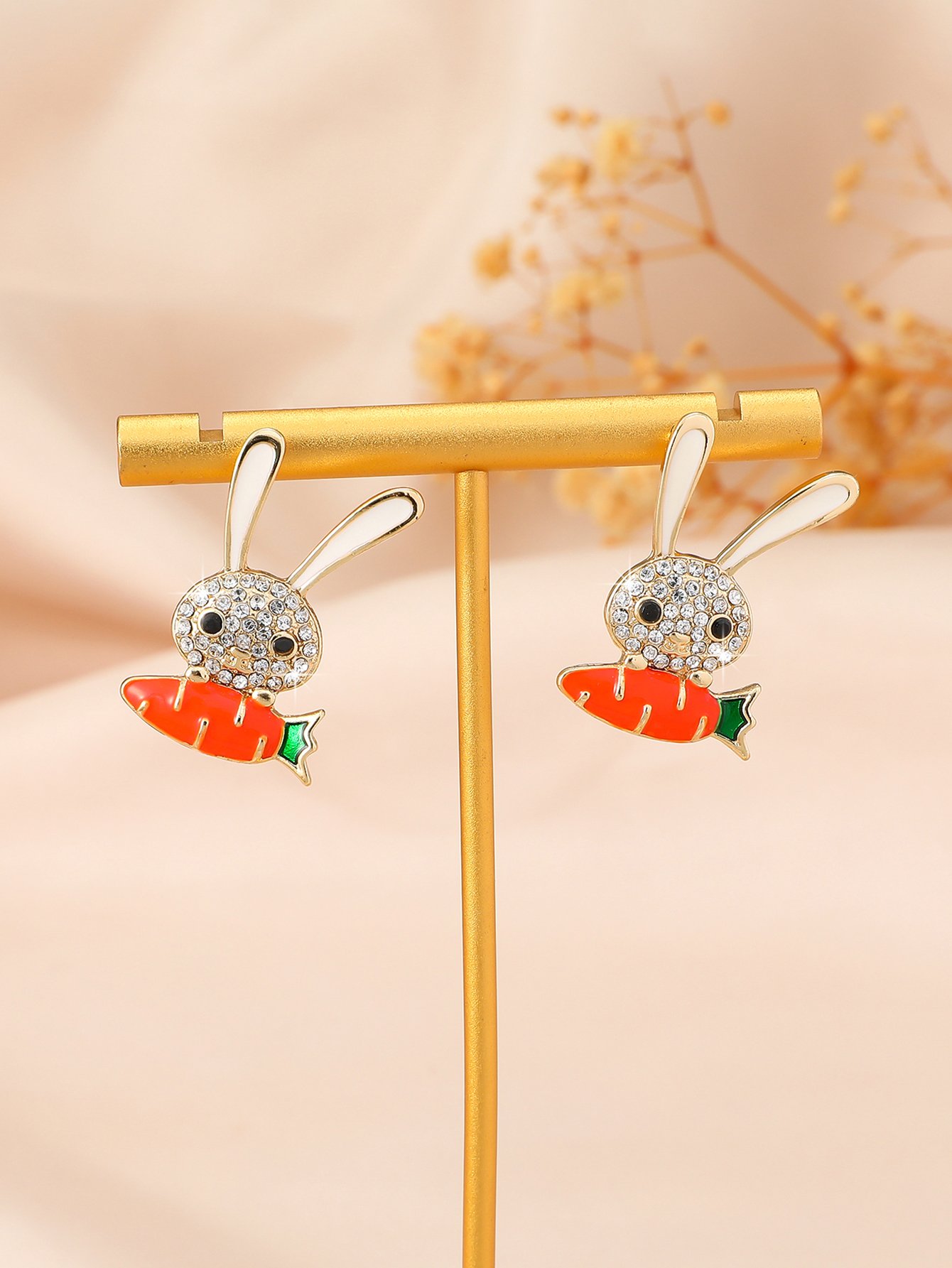 Gold Plated Crystal Rabbit and Carrot Stud Earrings - Casual Wear for Women and Girls.