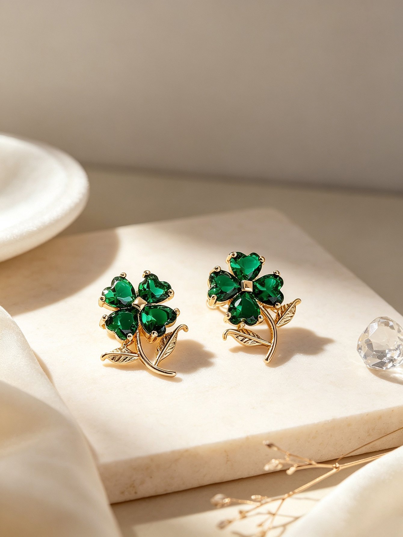 Gold Clover Stud Earrings with Emerald Green Crystals - Perfect for Daily Wear.