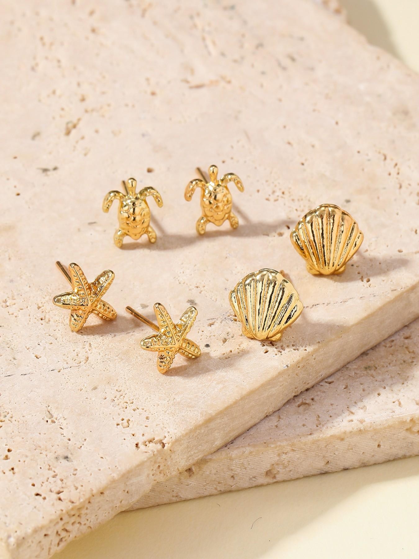 Gold Ocean-Inspired Stud Earrings Set - Turtle, Shell, Starfish Designs for Casual Wear.