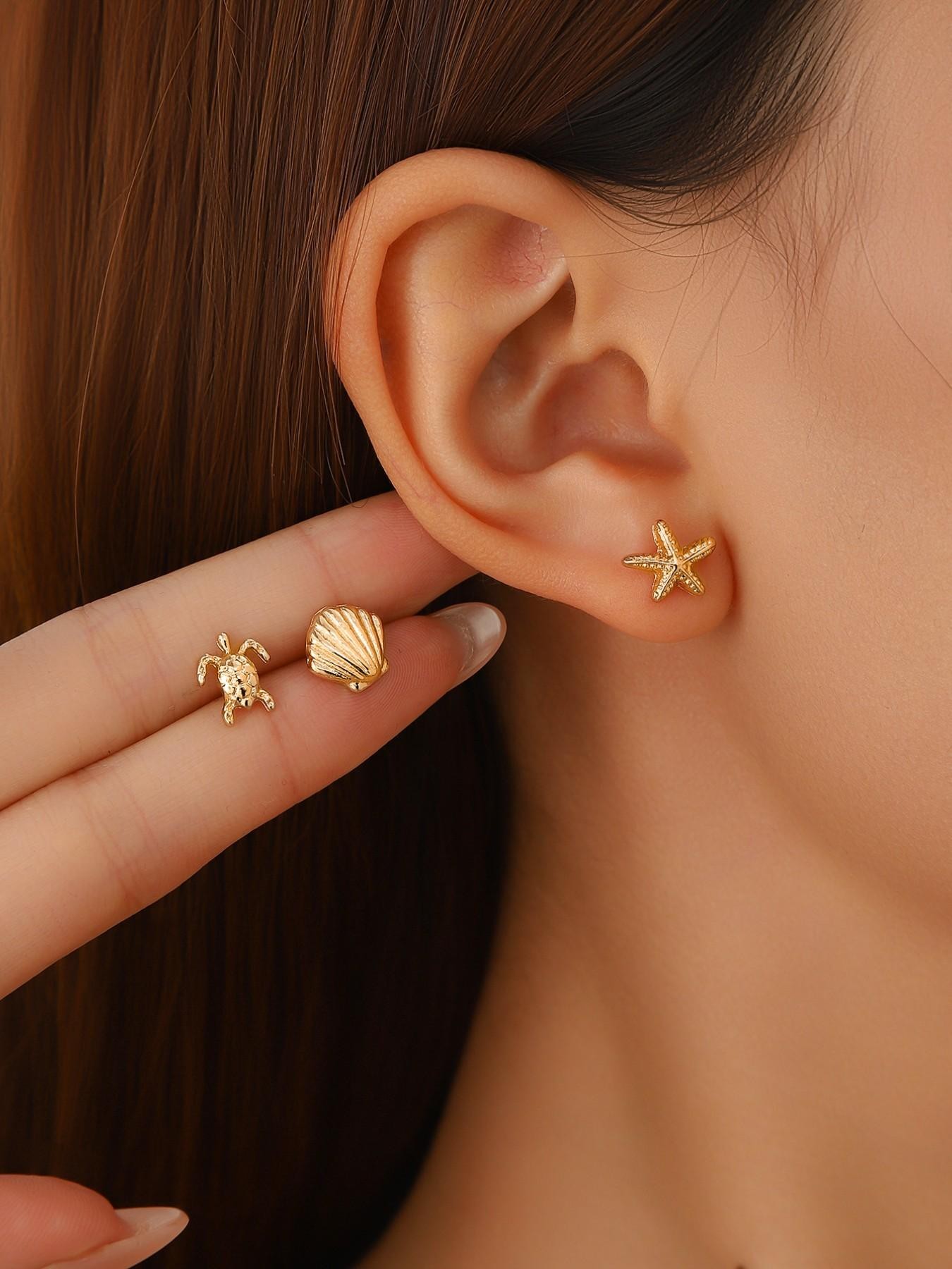 Gold Ocean-Inspired Stud Earrings Set - Turtle, Shell, Starfish Designs for Casual Wear.