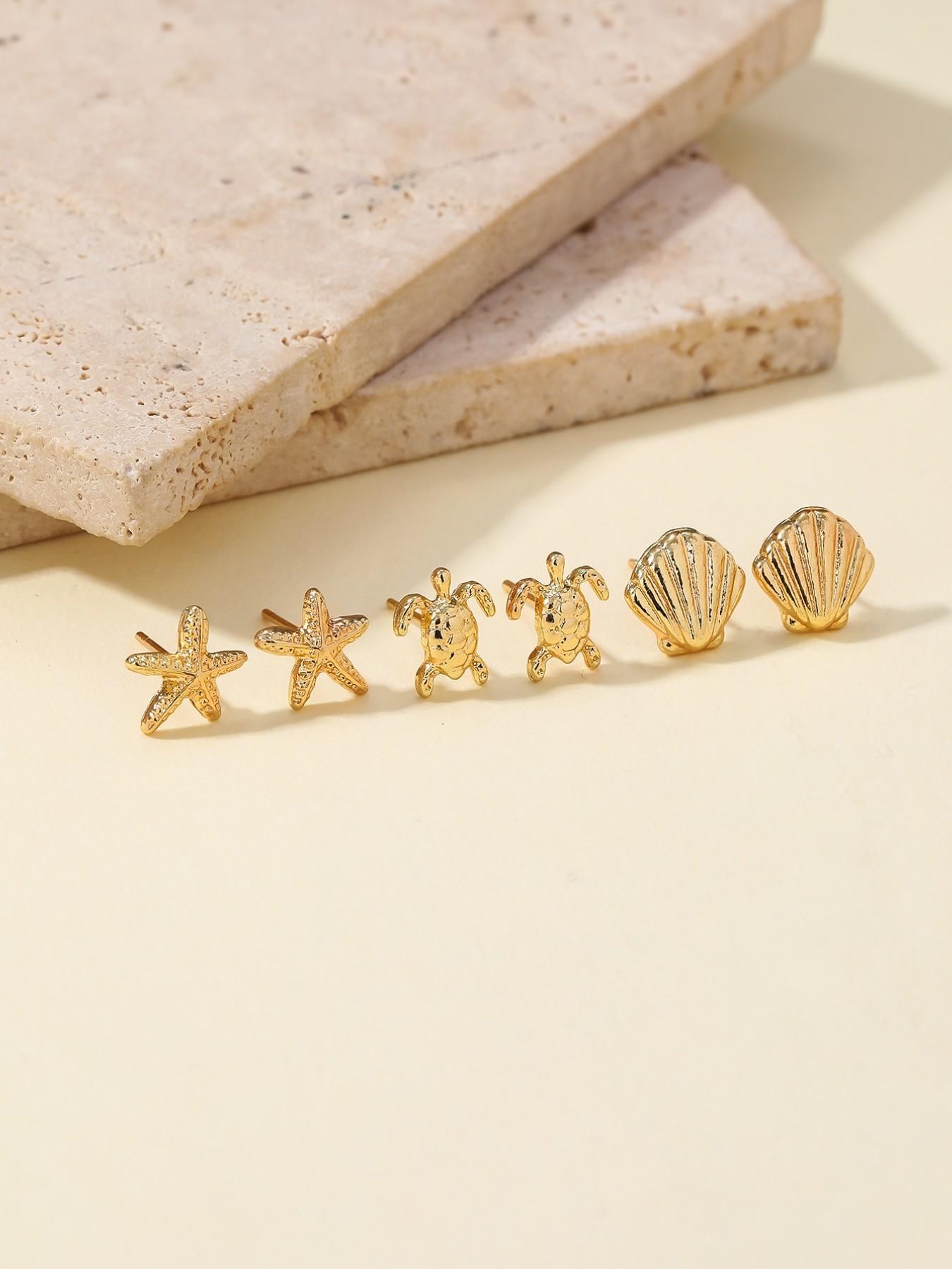 Gold Ocean-Inspired Stud Earrings Set - Turtle, Shell, Starfish Designs for Casual Wear.